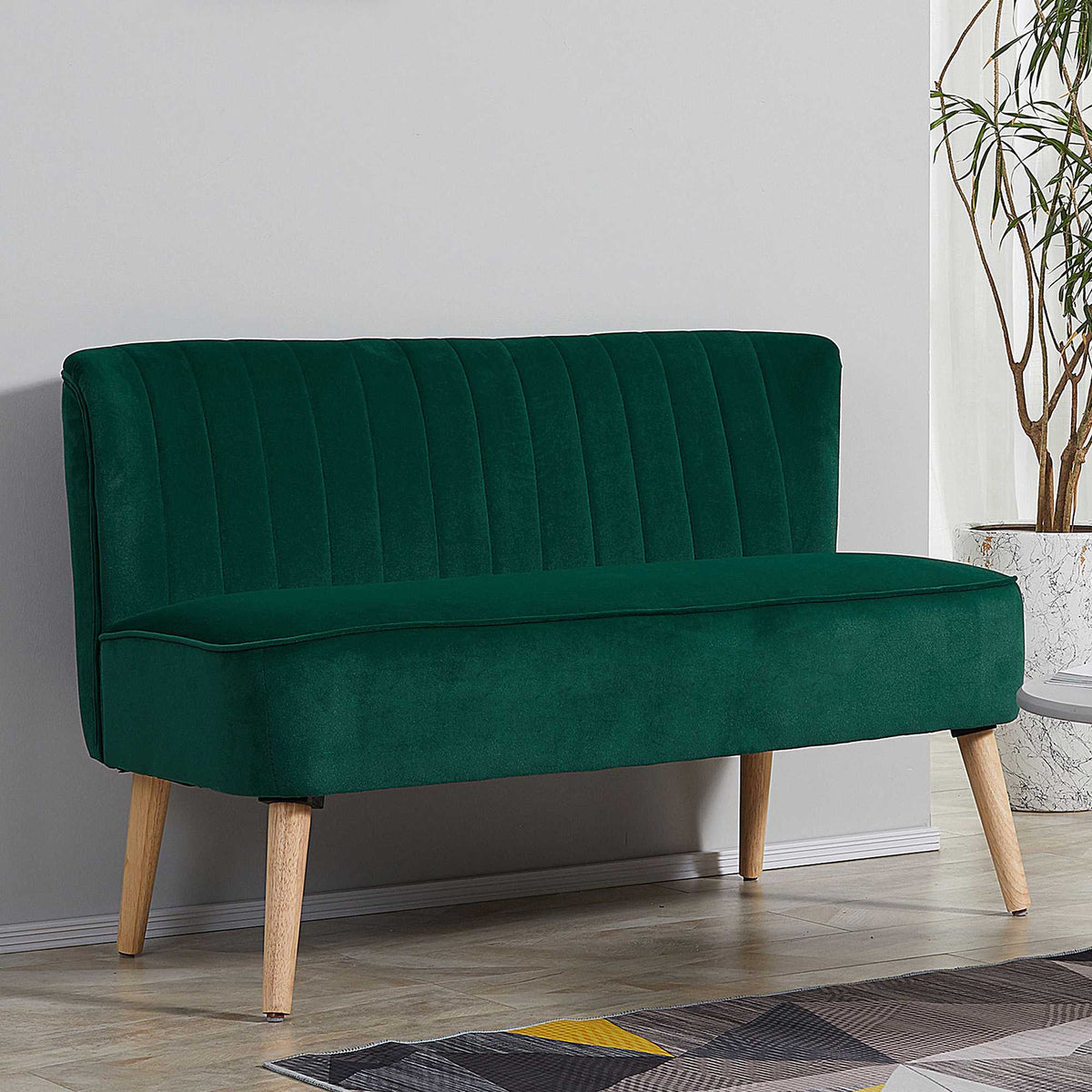 2-zits retrobank, donkergroen, houten poten, 117 cm