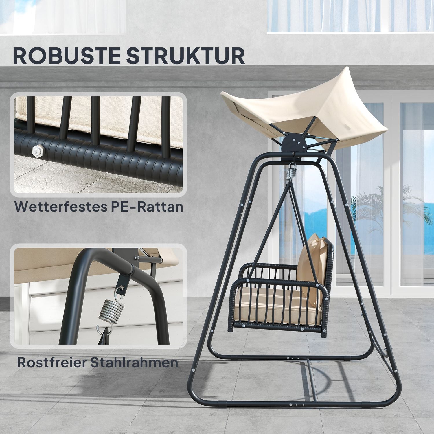 2-persoons rotan tuinschommelbank met overkapping – Khaki