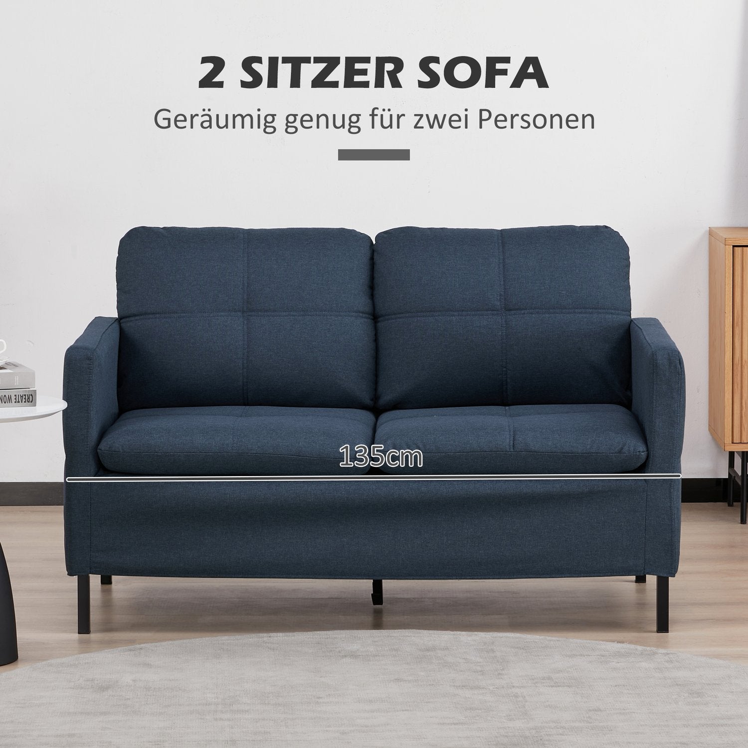 2-zitsbank in linnenlook – stalen poten, donkerblauw