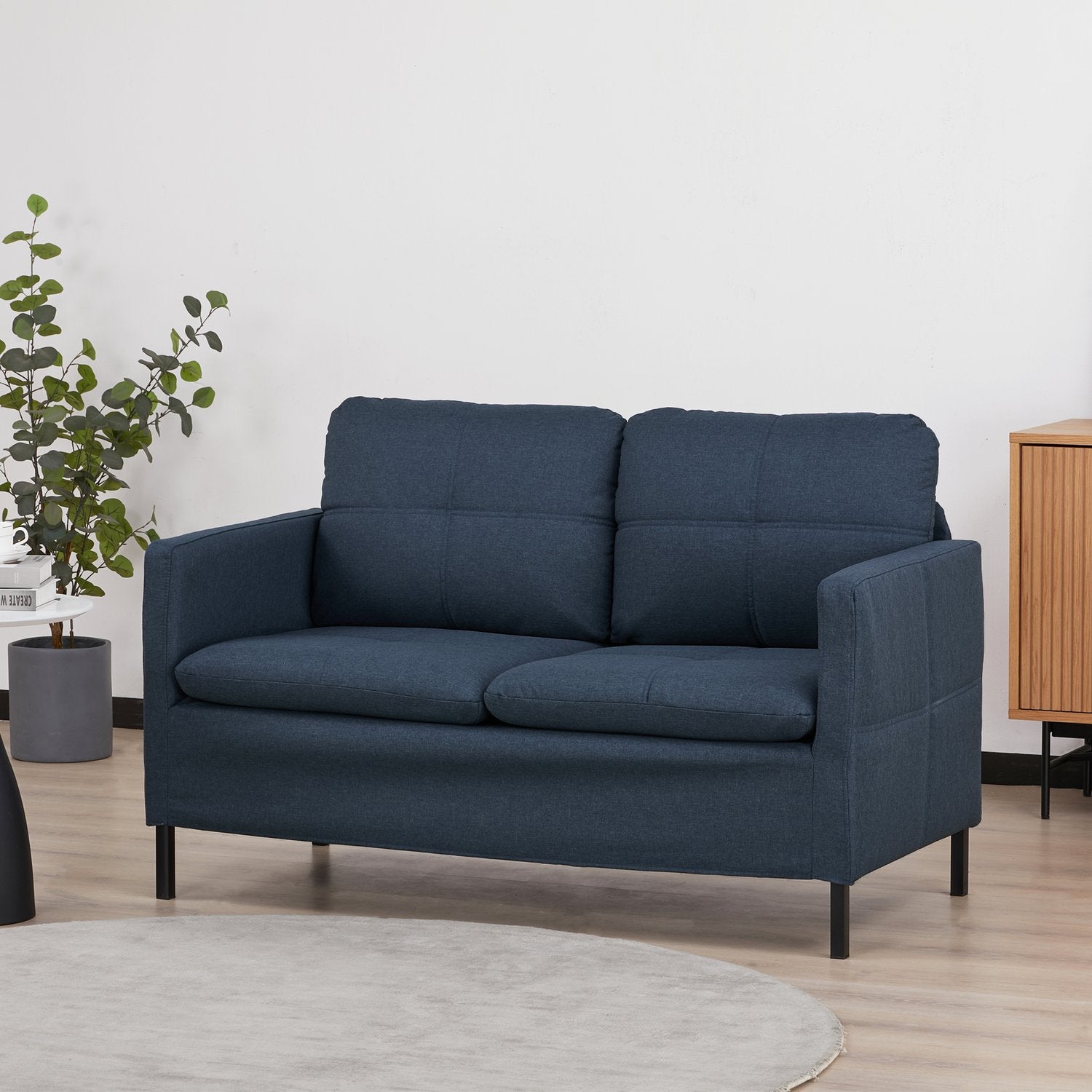2-zitsbank in linnenlook – stalen poten, donkerblauw