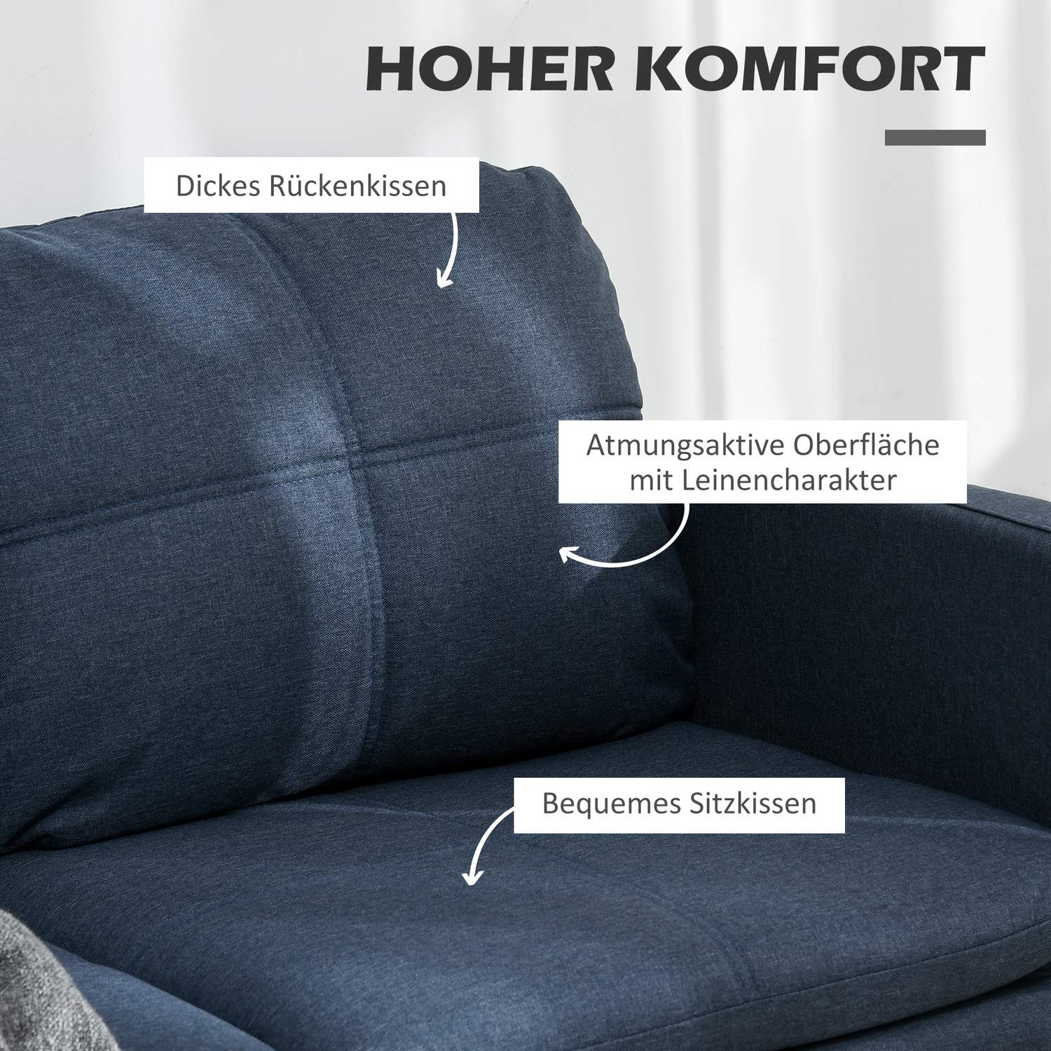 2-zitsbank in linnenlook – stalen poten, donkerblauw