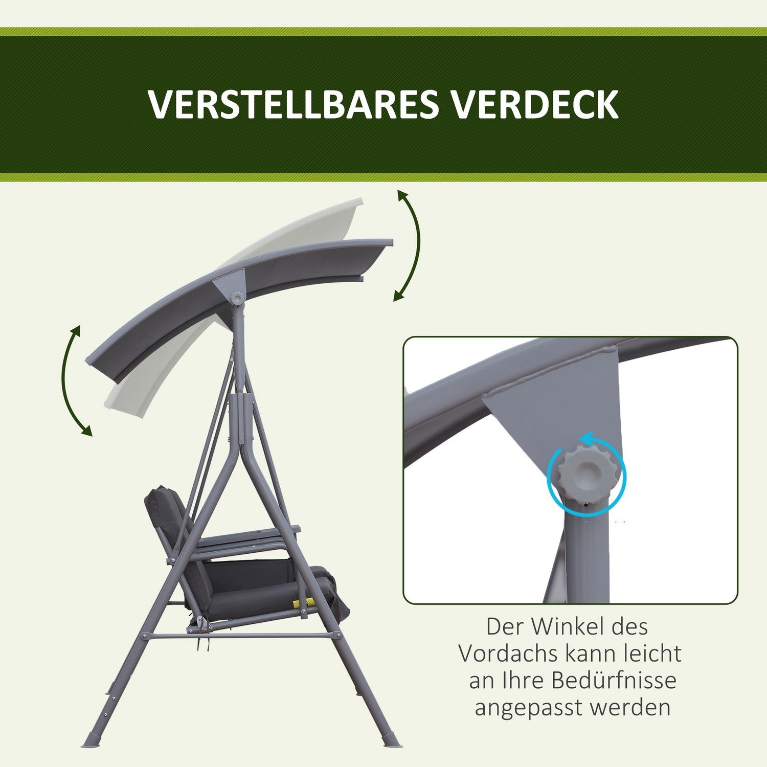 2-zits tuinschommel met zonwering, grijs 175 x 112 x 165 cm
