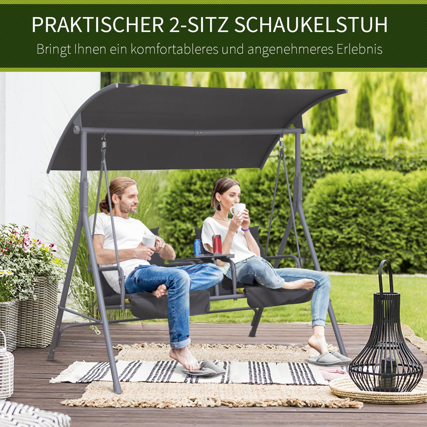 2-zits tuinschommel met zonwering, grijs 175 x 112 x 165 cm