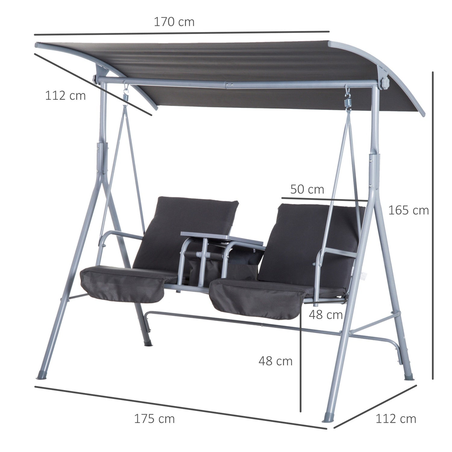 2-zits tuinschommel met zonwering, grijs 175 x 112 x 165 cm