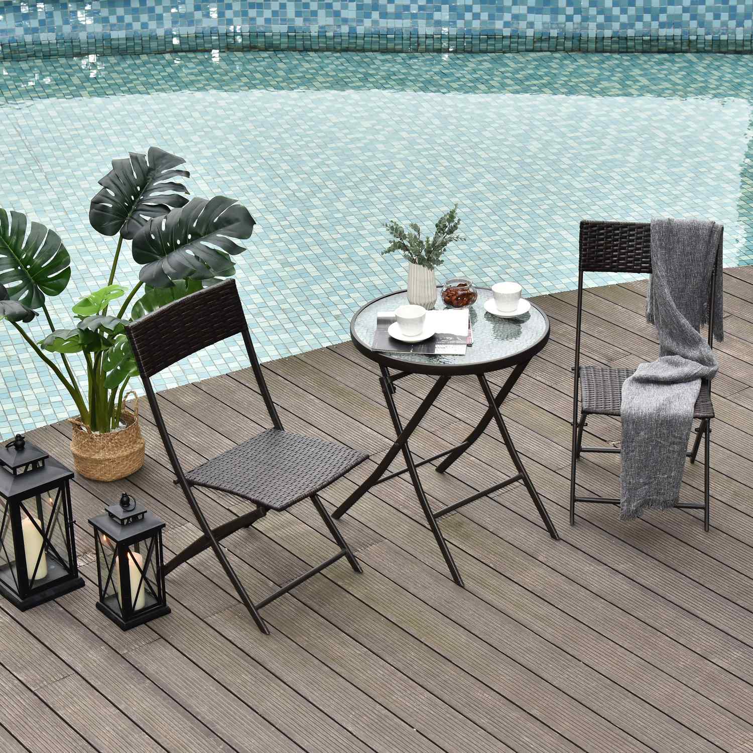 3-delige polyrattan inklapbare bistrosset voor balkon - Bruin