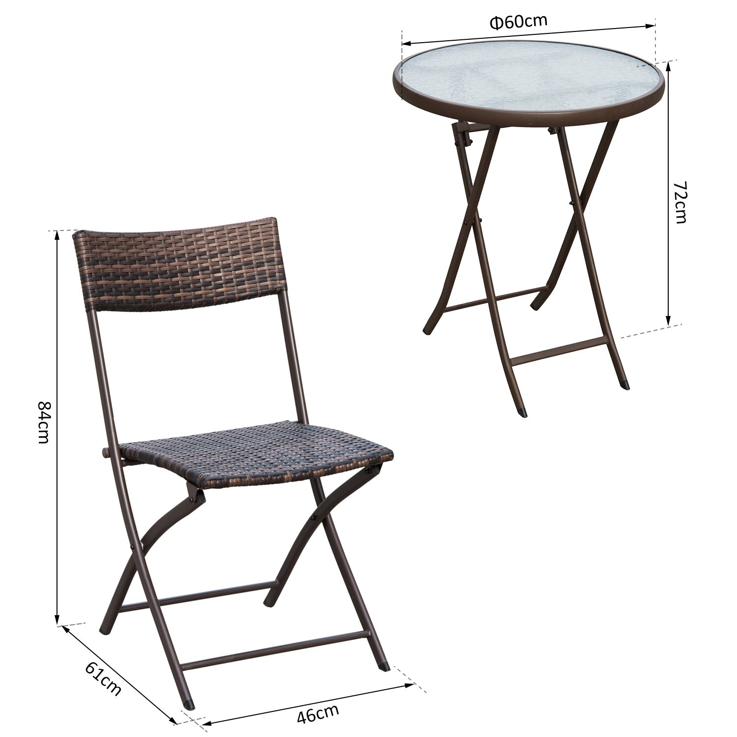3-delige polyrattan inklapbare bistrosset voor balkon - Bruin