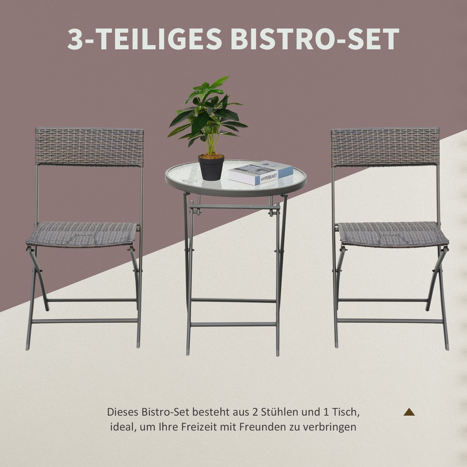 3-delige polyrattan inklapbare bistrosset voor balkon - Bruin