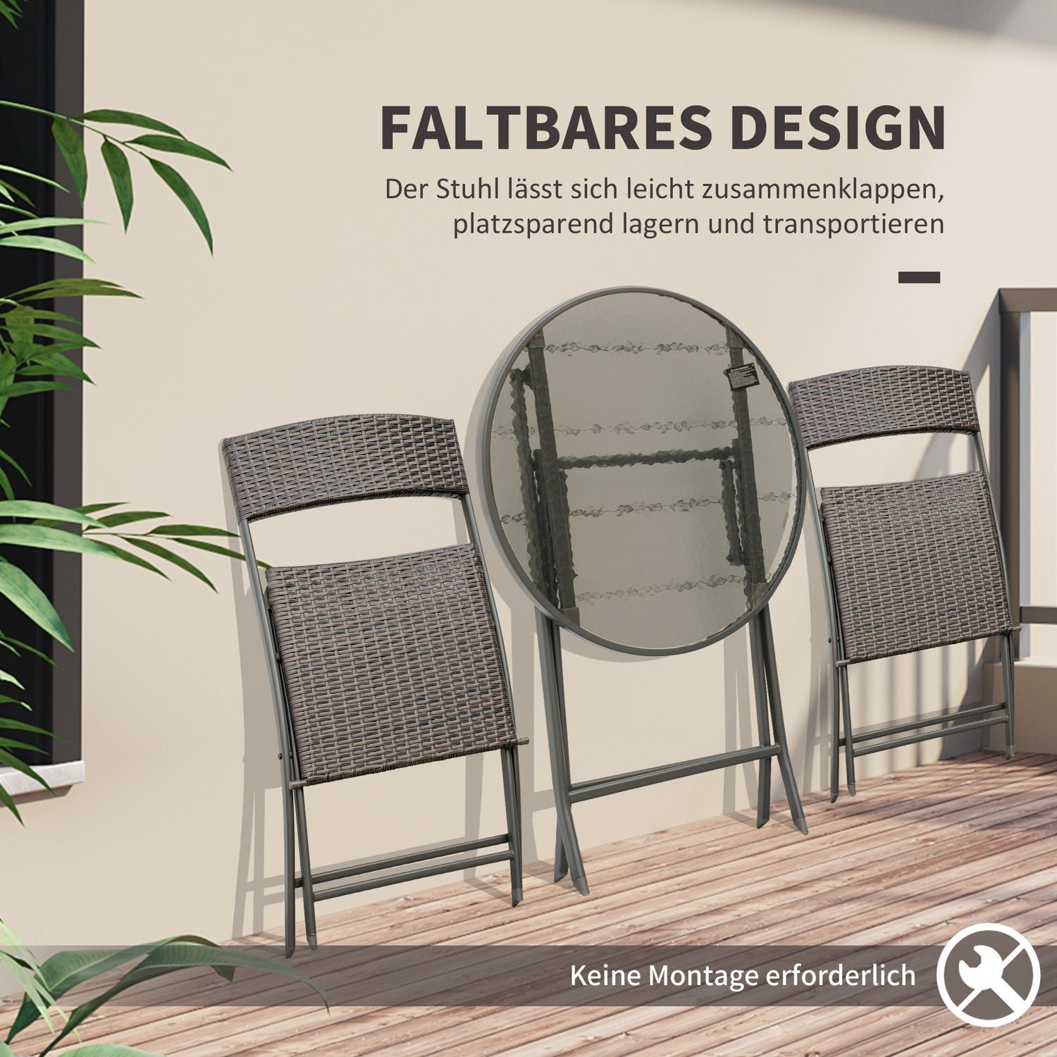 3-delige polyrattan inklapbare bistrosset voor balkon - Bruin