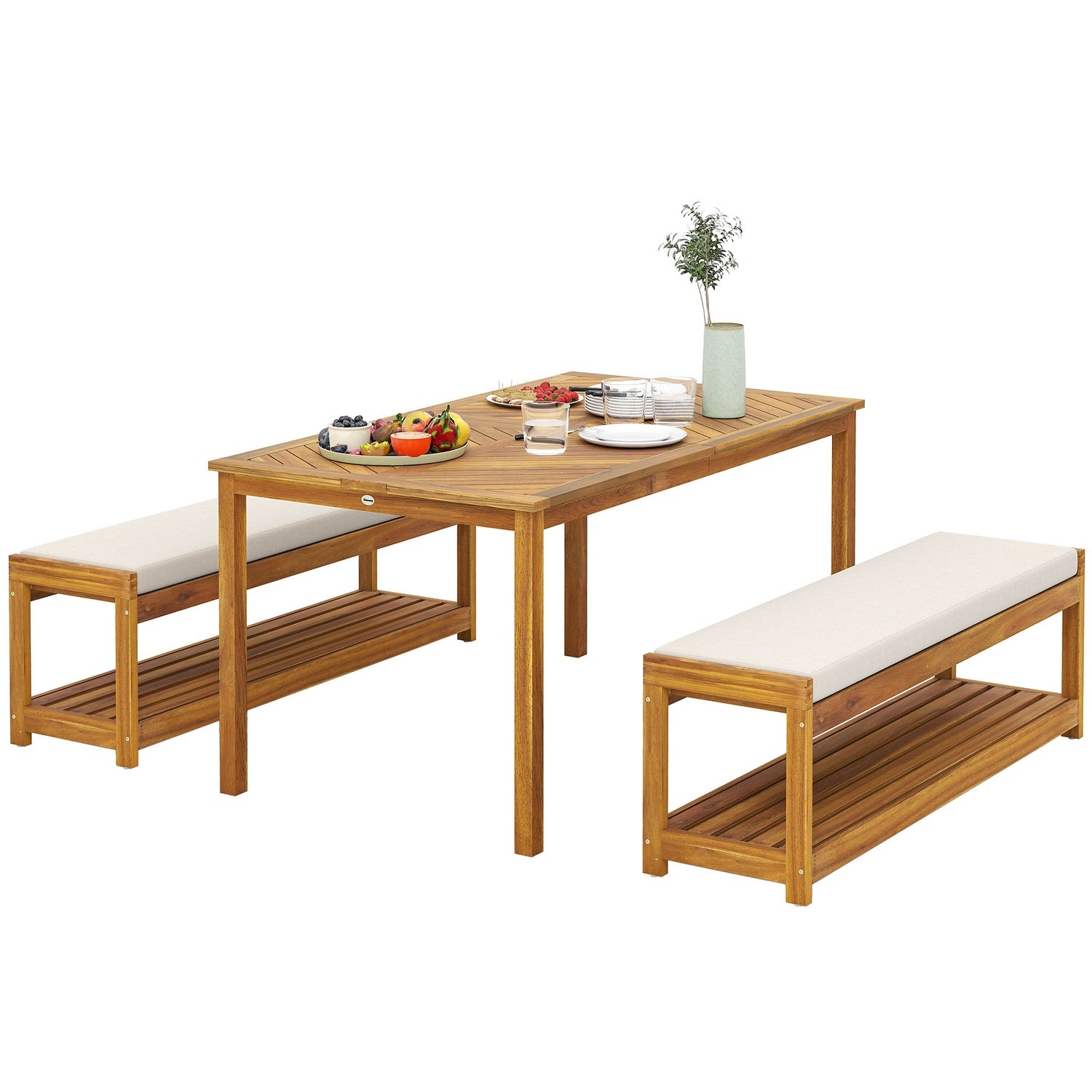 3-delige tuinset, zitset inclusief 1 eettafel met parasolgat, 2 banken 150 x 85 x 75 cm teak