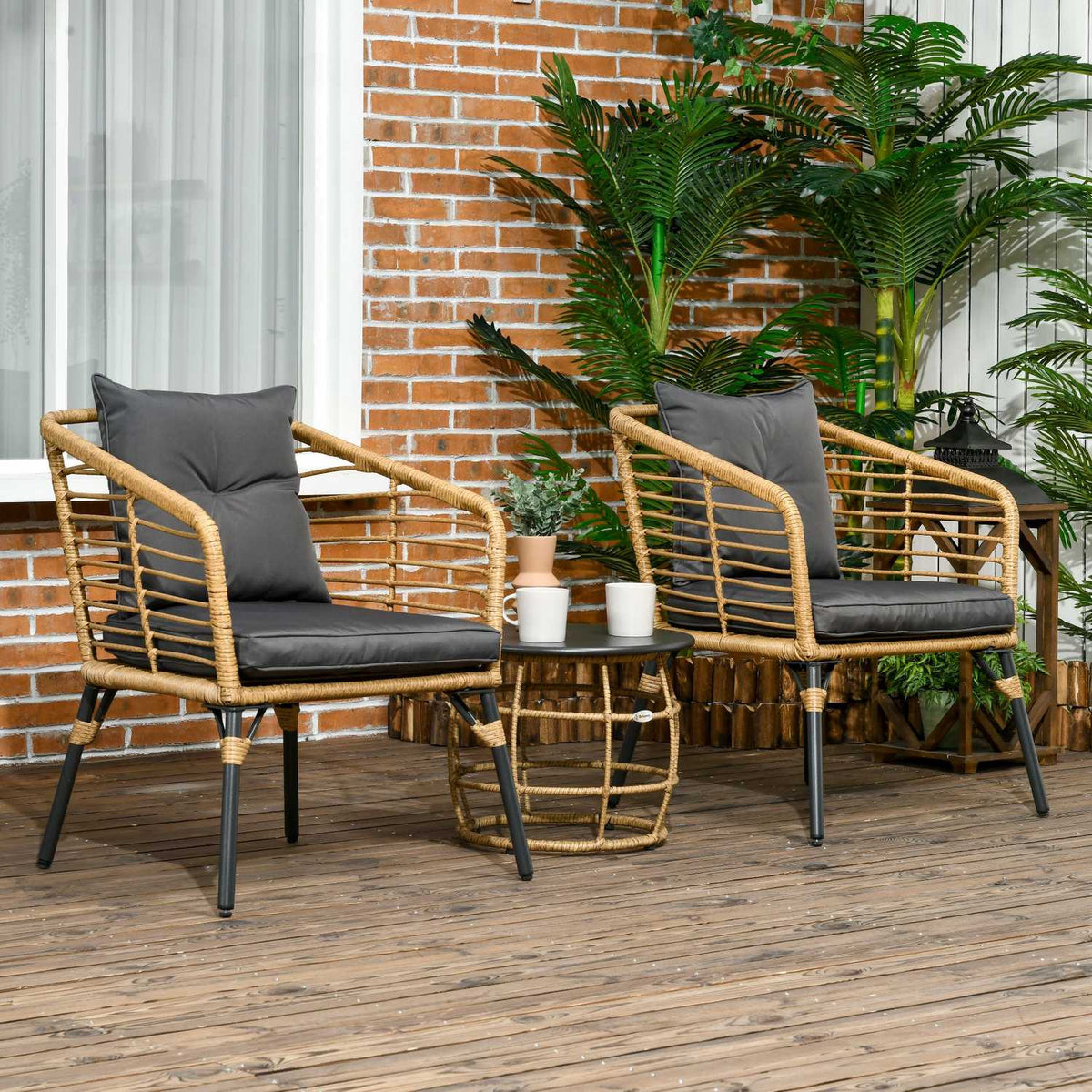 3-delige rotan tuinset met kussens, zand/donkergrijs