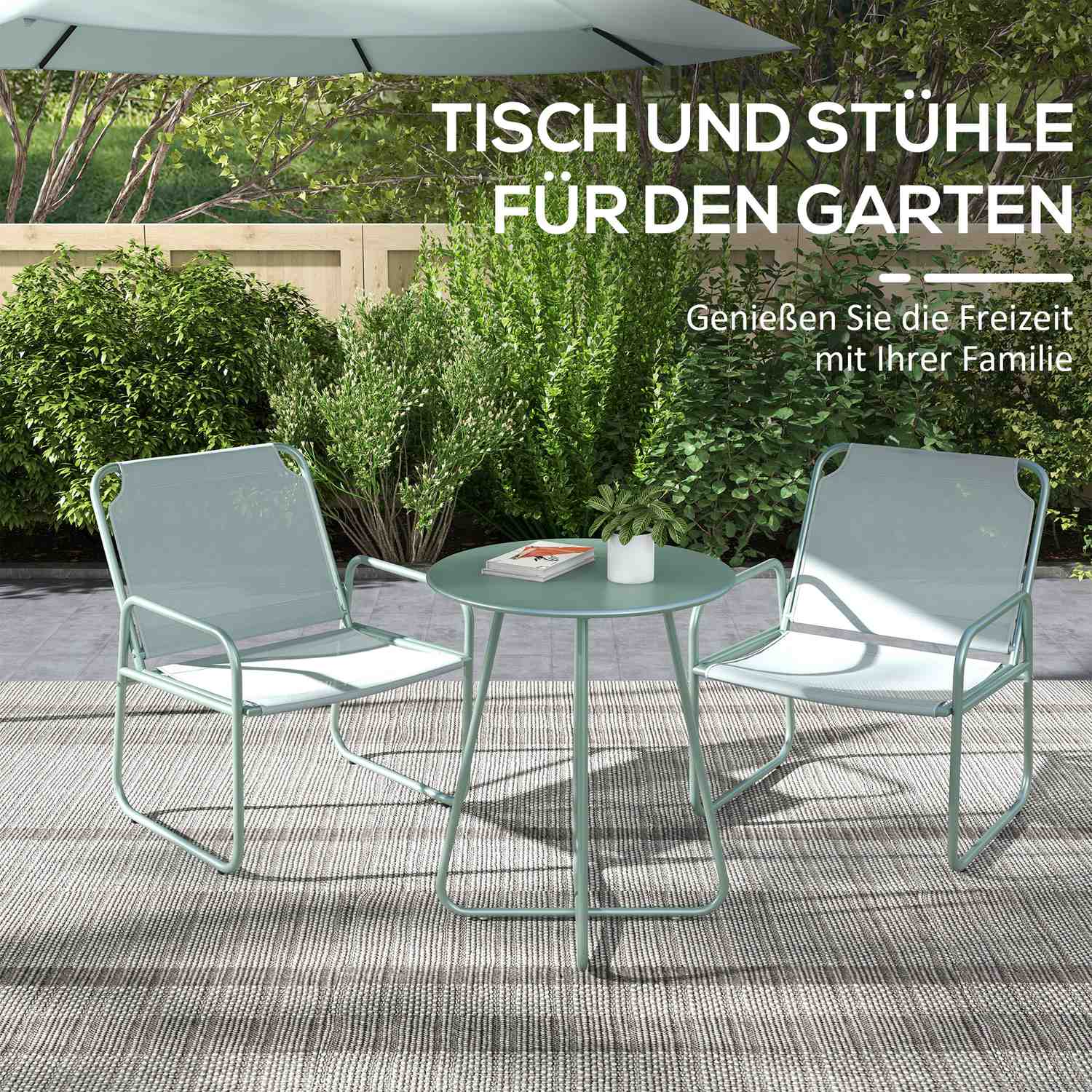 3-delige groene bistroset van gaas met tafel en stoelen