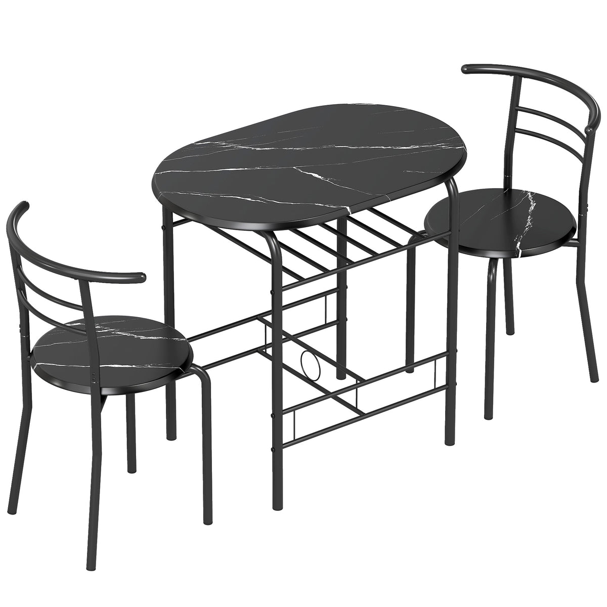 3-delige eettafelset voor 2 personen, zwart marmerlook, met legplank