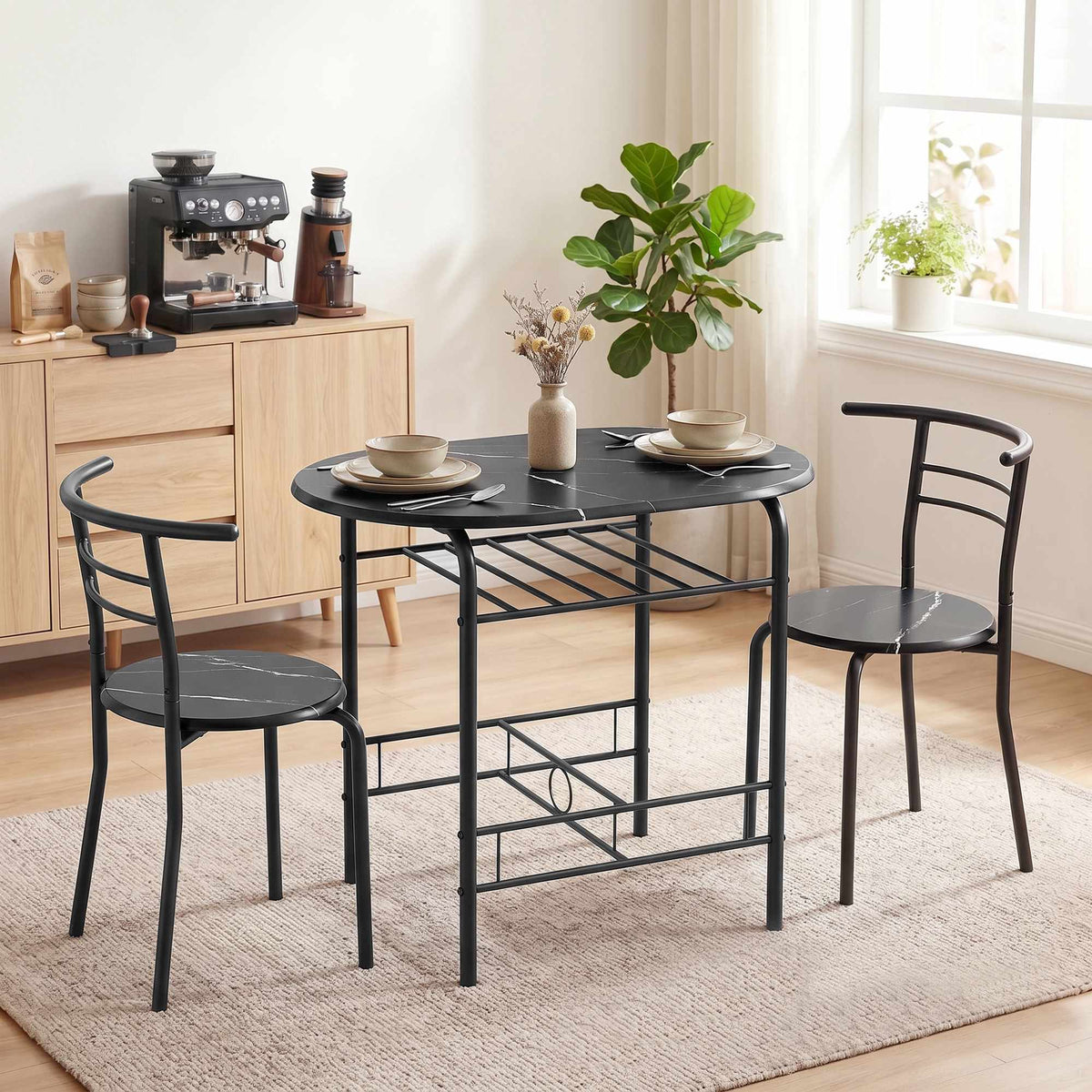 3-delige eettafelset voor 2 personen, zwart marmerlook, met legplank