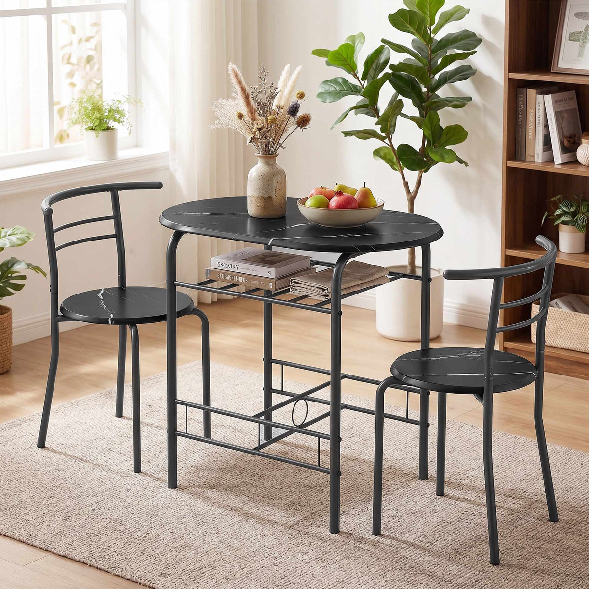 3-delige eettafelset voor 2 personen, zwart marmerlook, met legplank