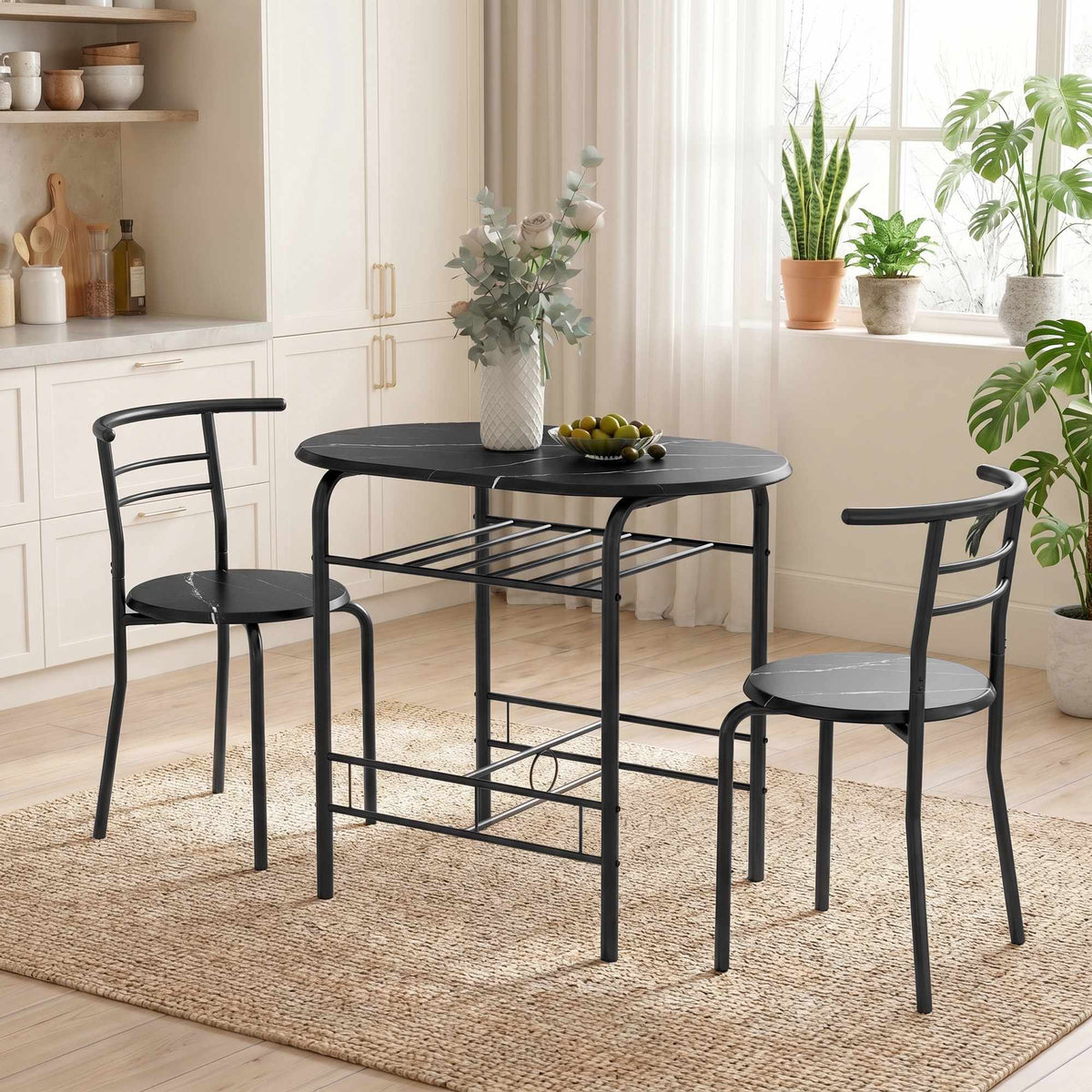 3-delige eettafelset voor 2 personen, zwart marmerlook, met legplank