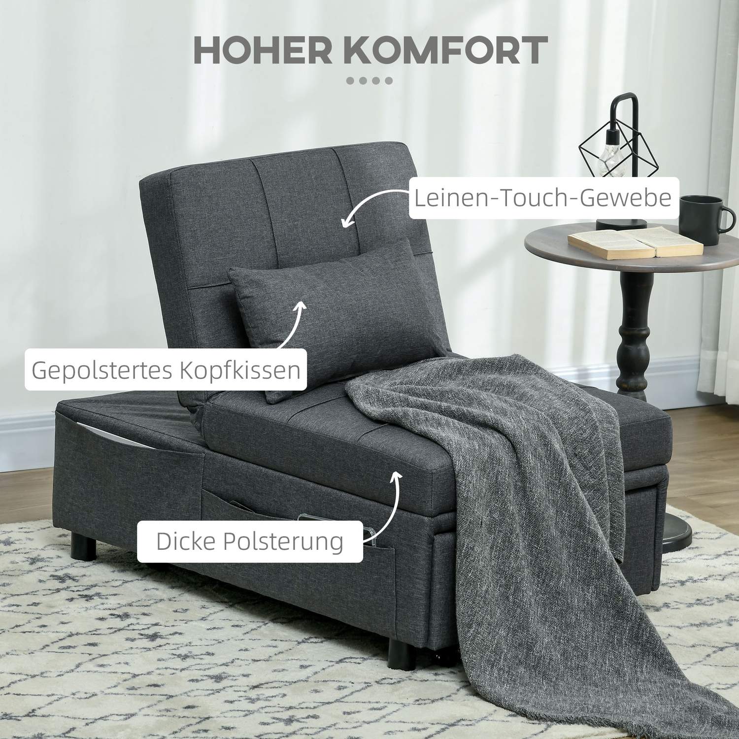 3-in-1 grijze klapstoel – Logeerbed met wieltjes en opbergvak