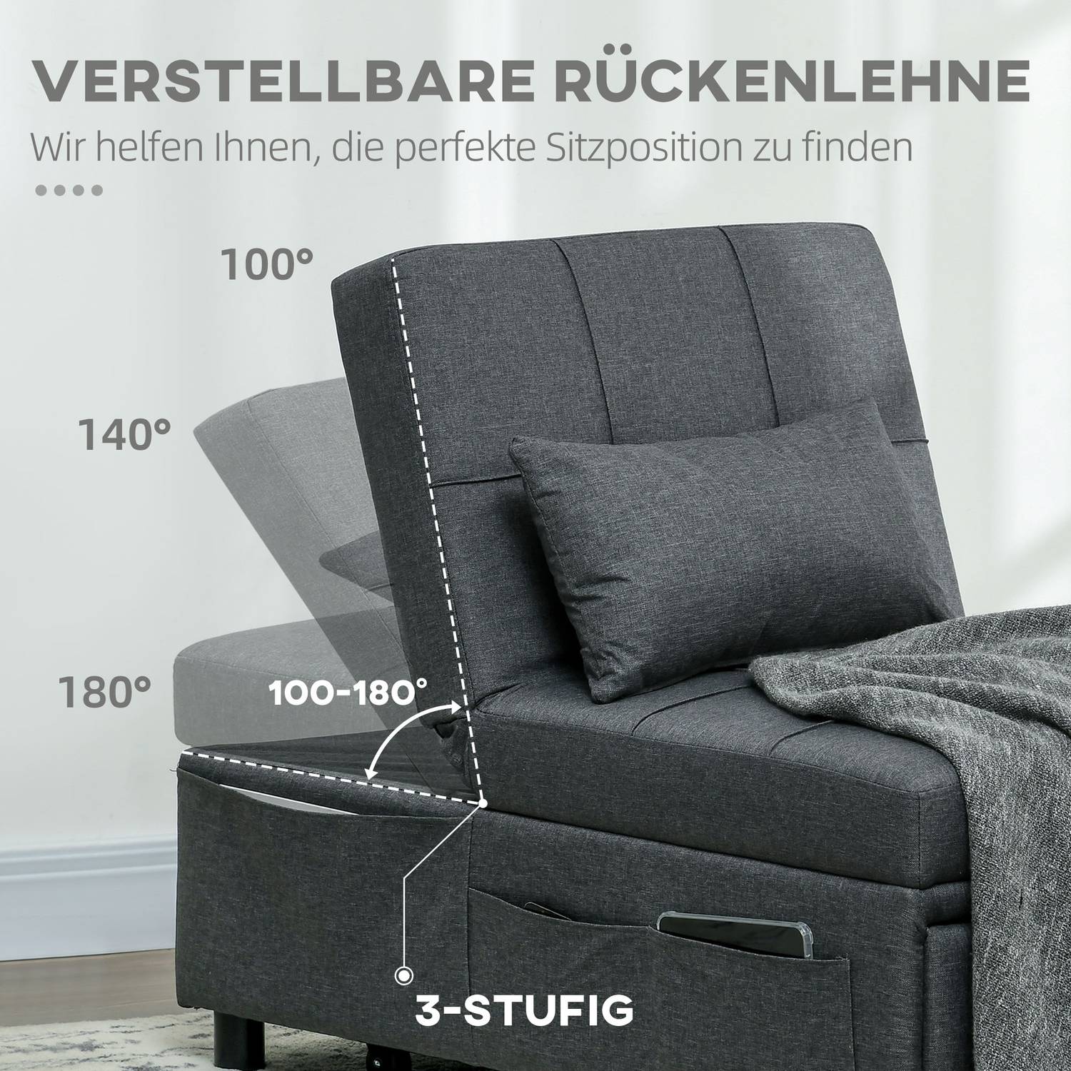 3-in-1 grijze klapstoel – Logeerbed met wieltjes en opbergvak