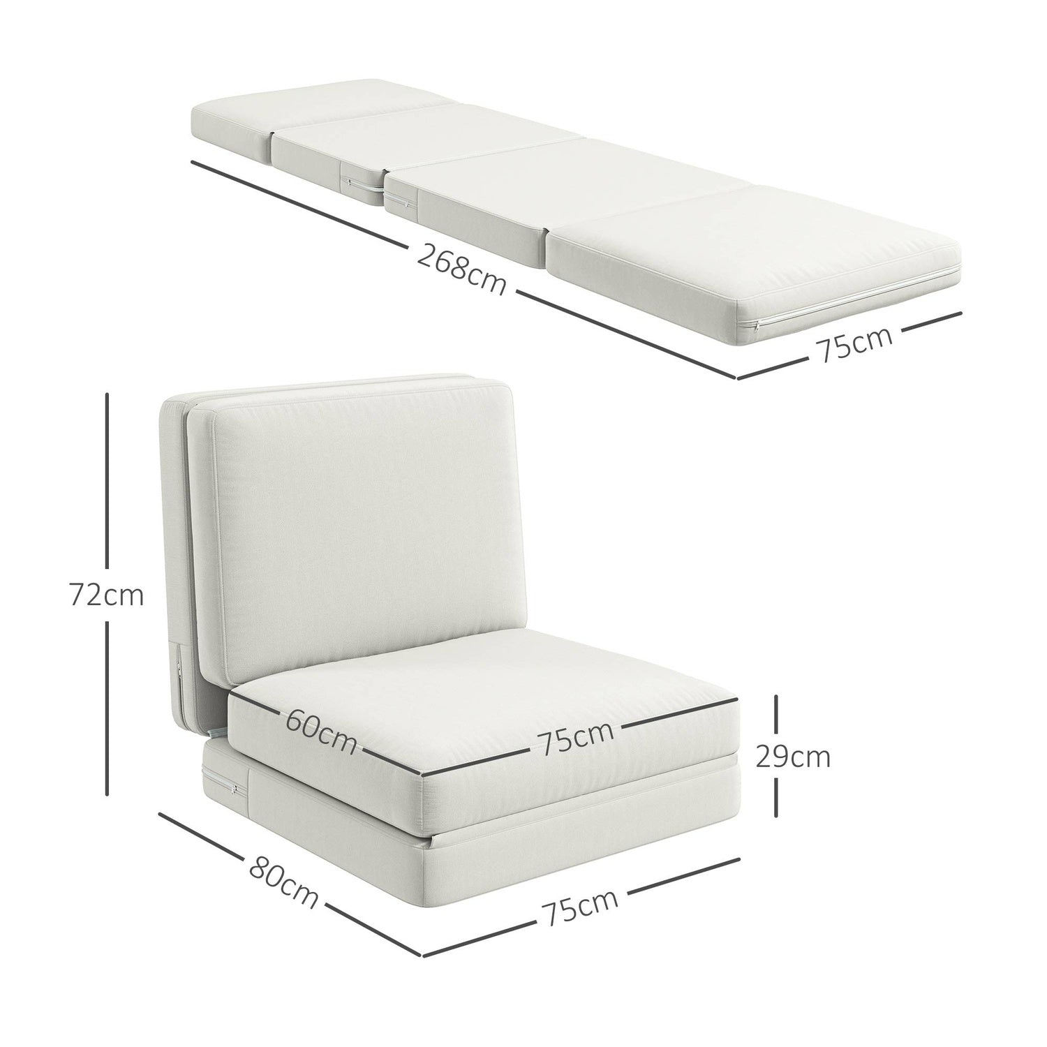 3-in-1 opvouwbare slaapbank, fluwelen bekleding, crèmewit