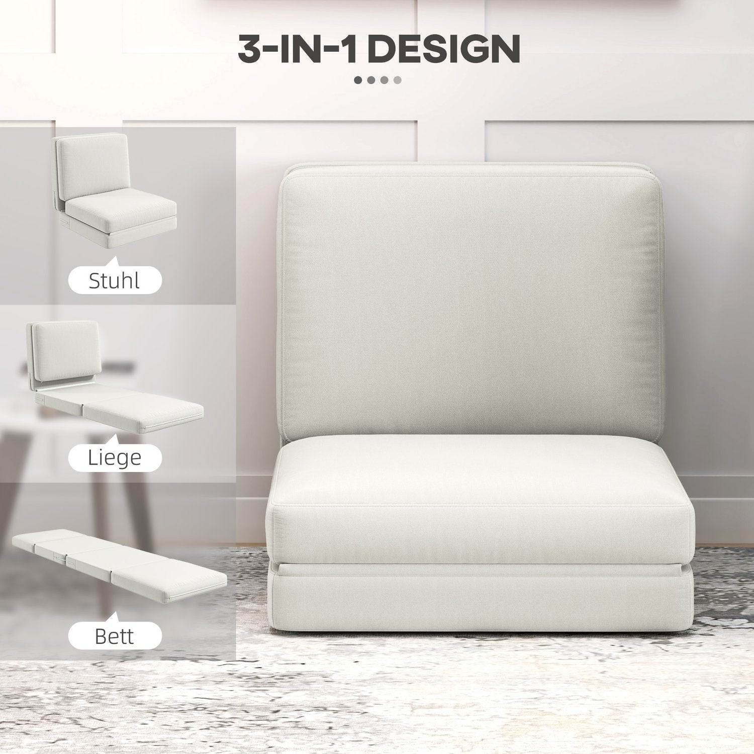3-in-1 opvouwbare slaapbank, fluwelen bekleding, crèmewit