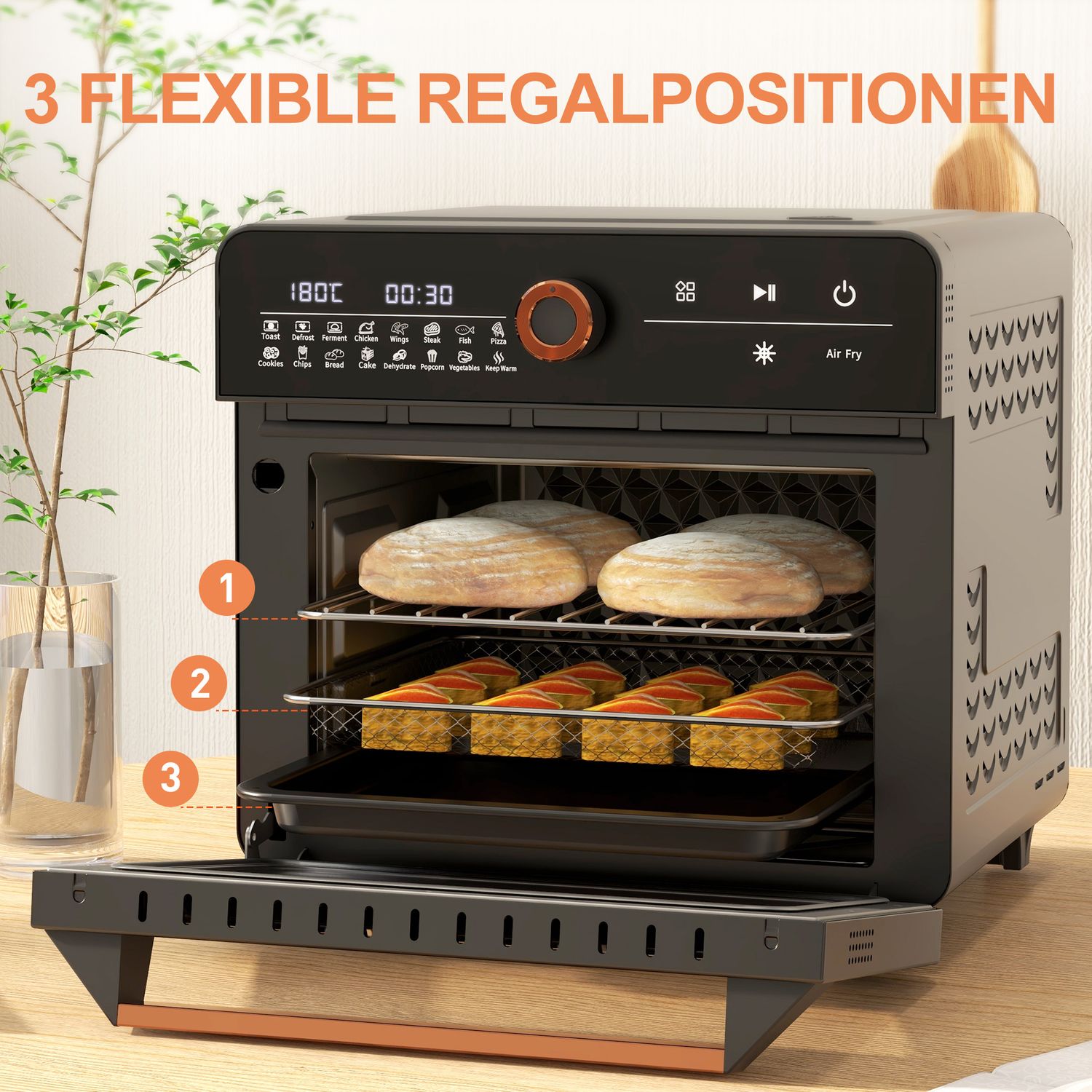 3-in-1 mini heteluchtoven met timer, 20L inhoud