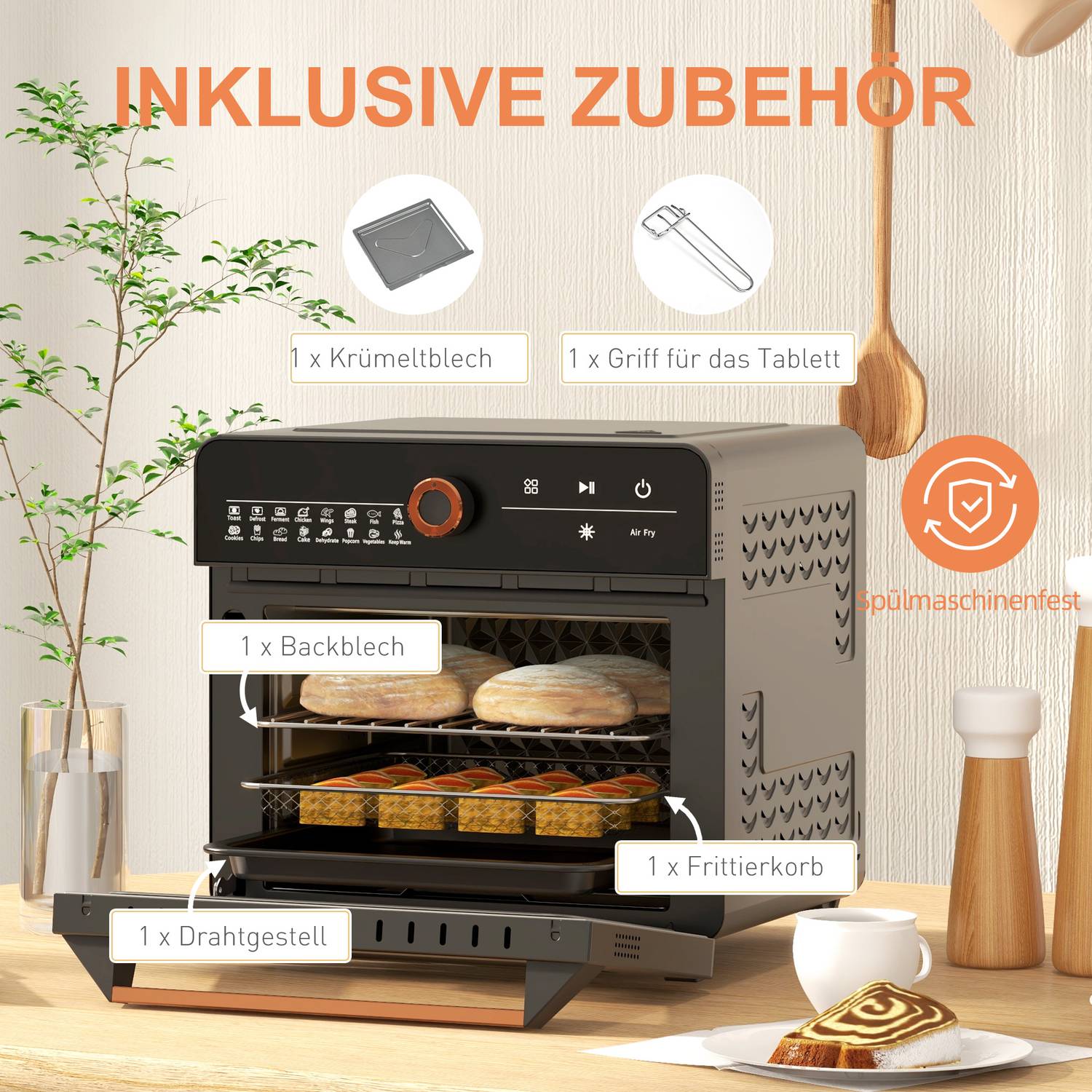 3-in-1 mini heteluchtoven met timer, 20L inhoud