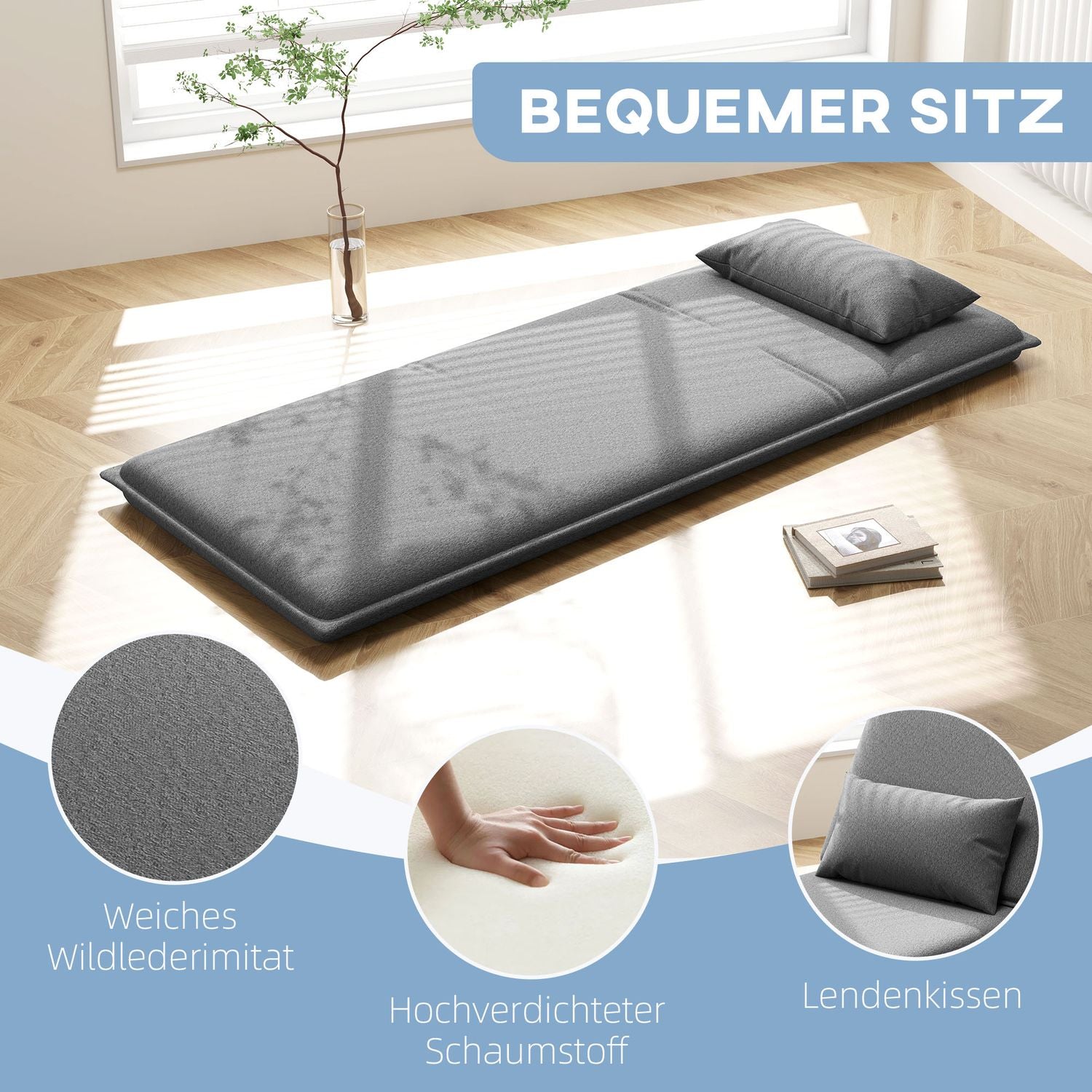 3-in-1 donkergrijze opklapbare slaapbank, gewatteerd voor comfort