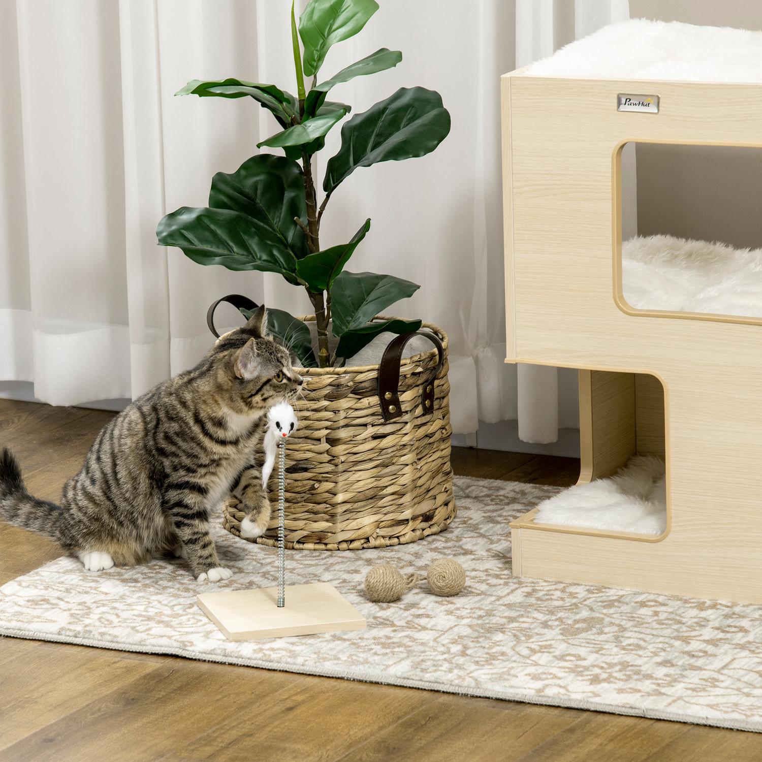 Casetta per gatti da interno in rovere a 3 livelli con cuscino e gioco