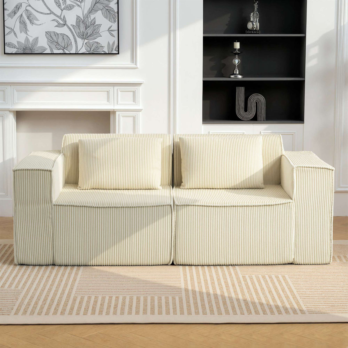 3-zitsbank, corduroybekleding, brede armleuningen, 2 kussens, beige
