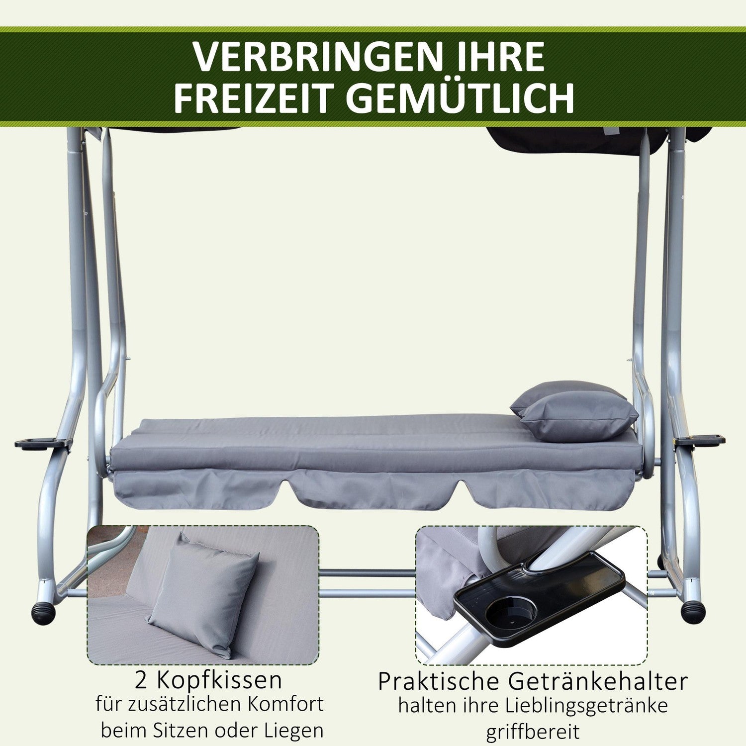 3-zits stalen tuinschommelbank, liggend, grijs, 200x120x164 cm