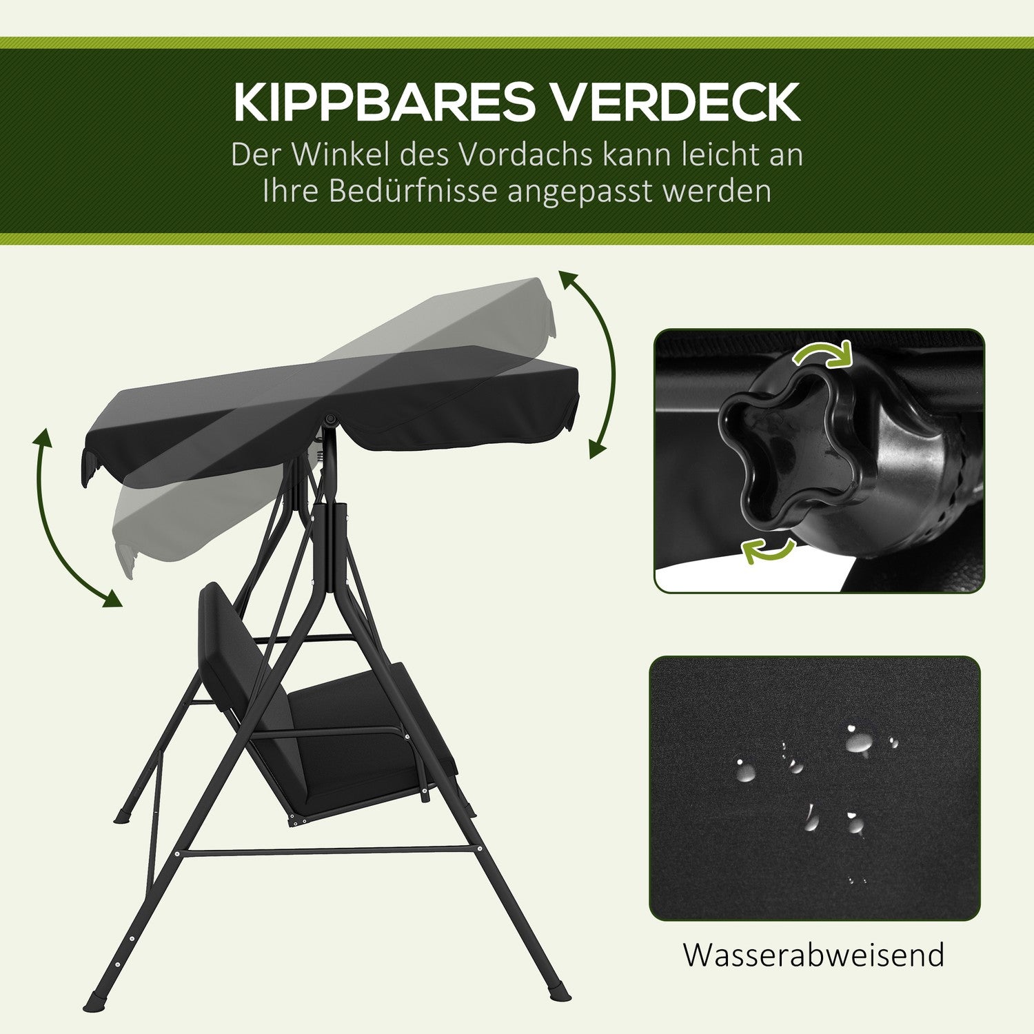 3-zits tuinschommelbank, verstelbaar dak, staal, zwart