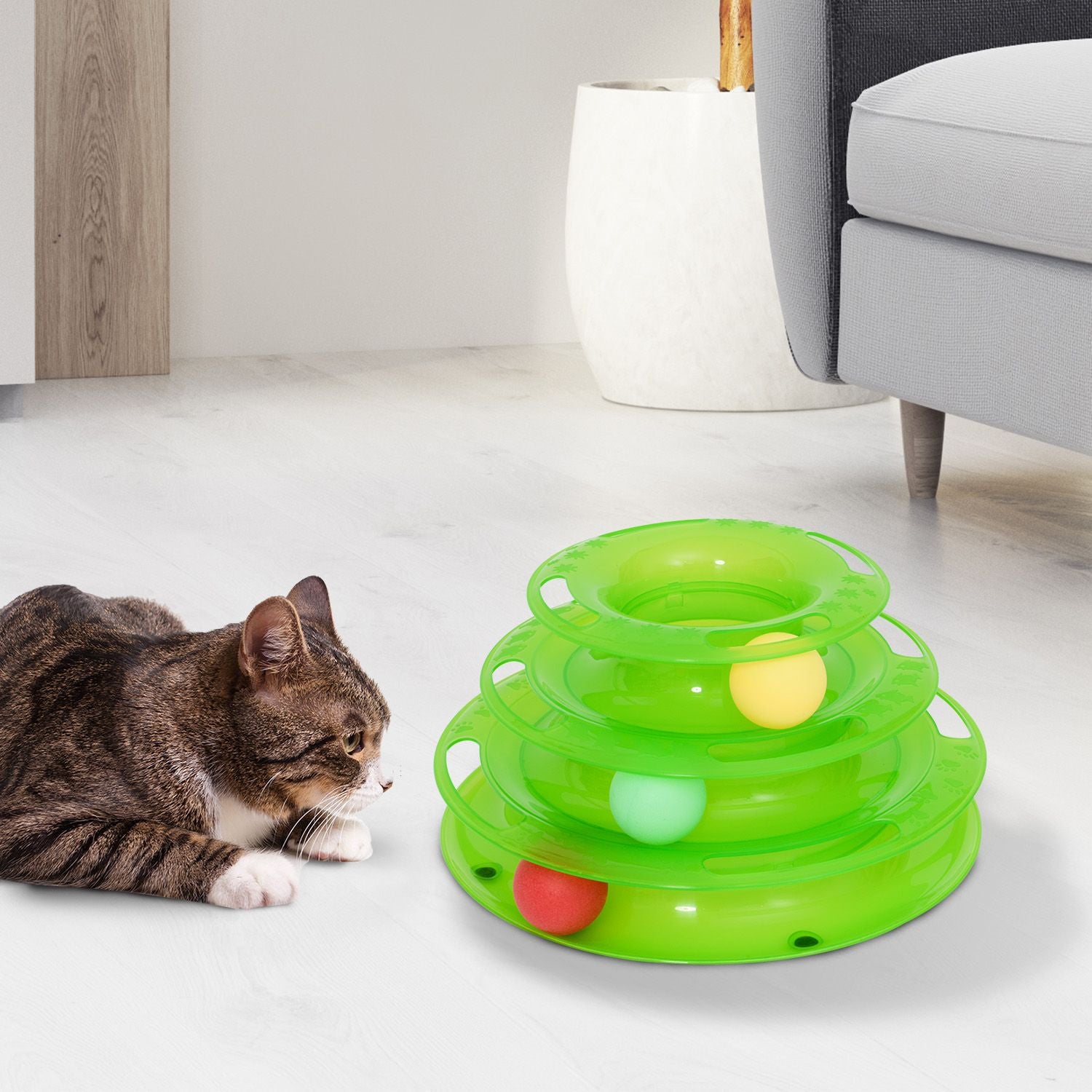 3-laags kattenspeeltje met draaiende ballen, groen
