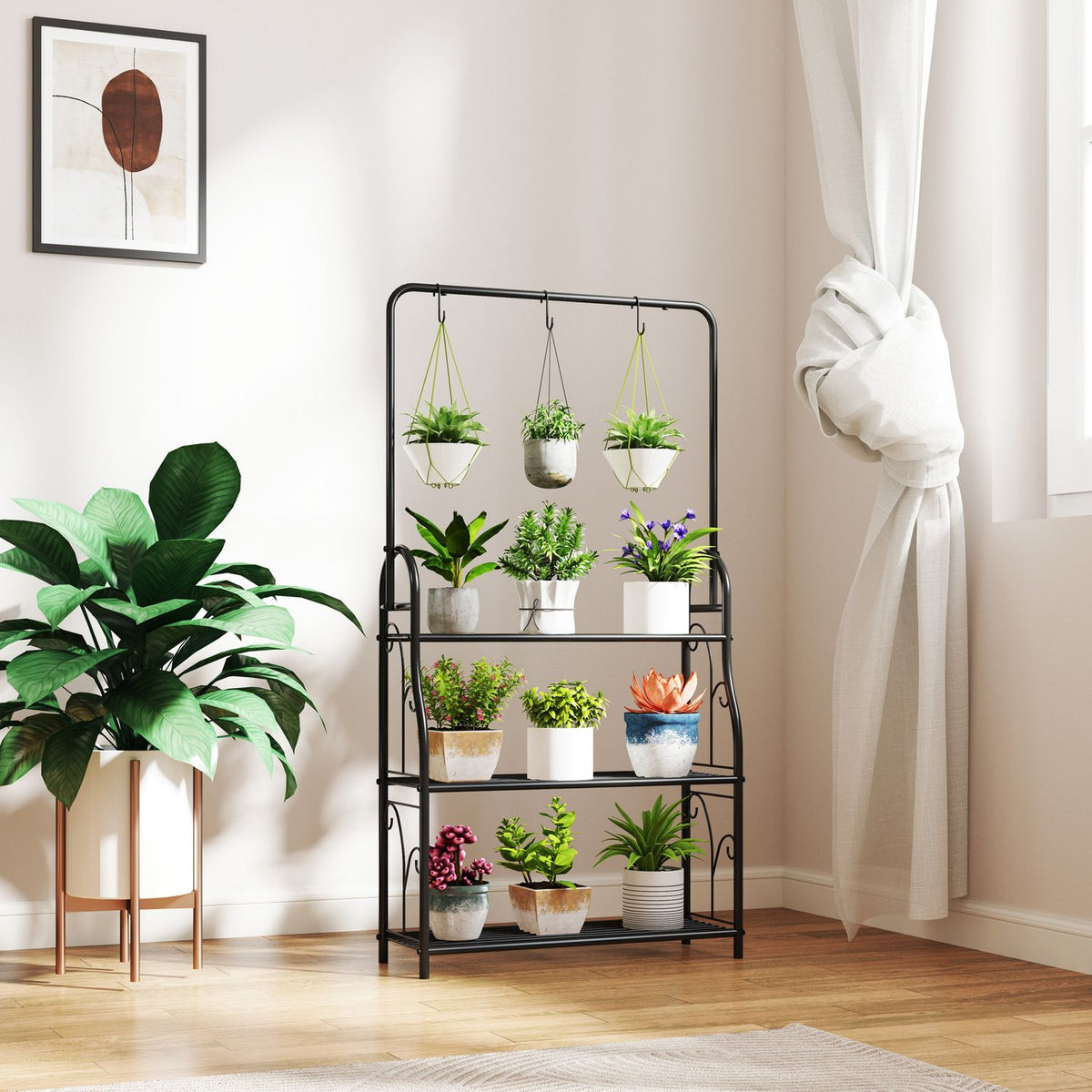 3-laags plantenrek van zwart metaal met ophanghaken, 137 cm hoog