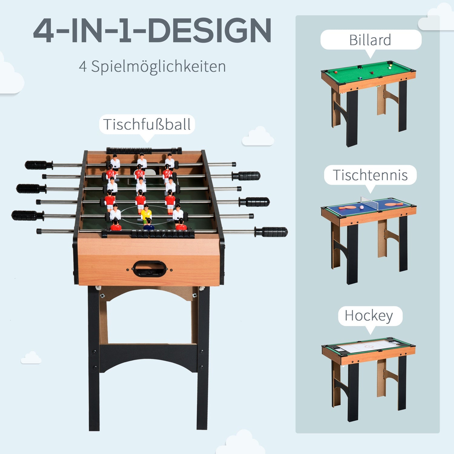 4-in-1-multispeeltafel: voetbal, hockey, biljart, tennis