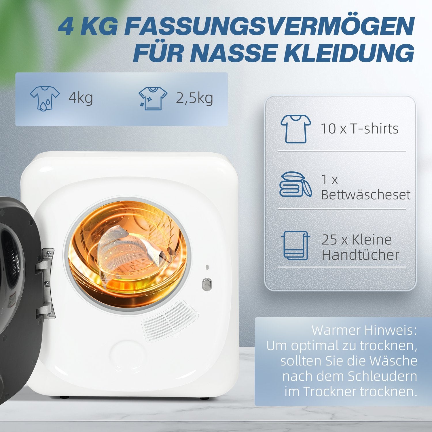 Sèche-linge à évacuation 4 kg, désinfection, mode intelligent, blanc