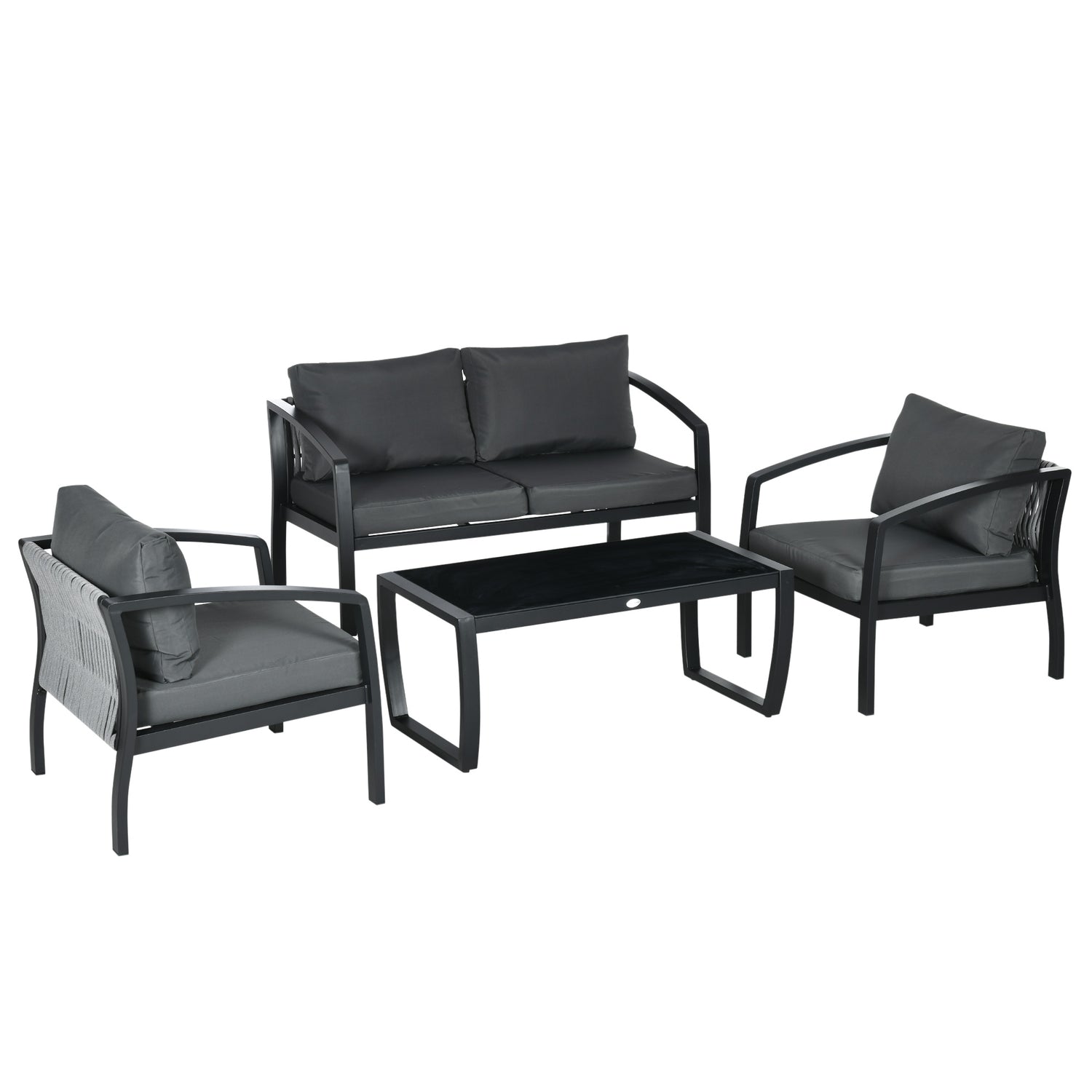 4-persoons grijs & zwart tuinmeubelset met bank, fauteuils, glazen tafel – weerbestendig