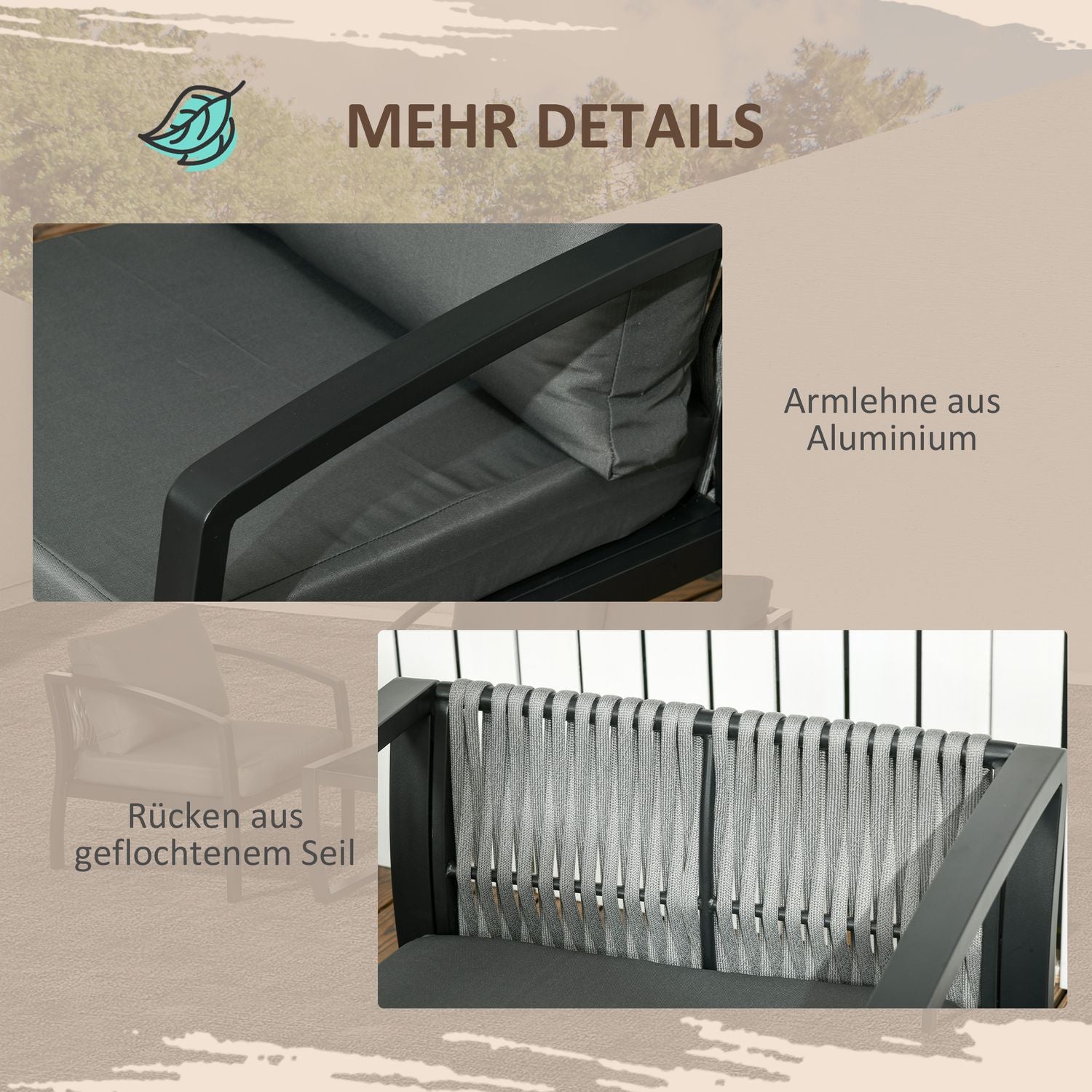 4-persoons grijs & zwart tuinmeubelset met bank, fauteuils, glazen tafel – weerbestendig