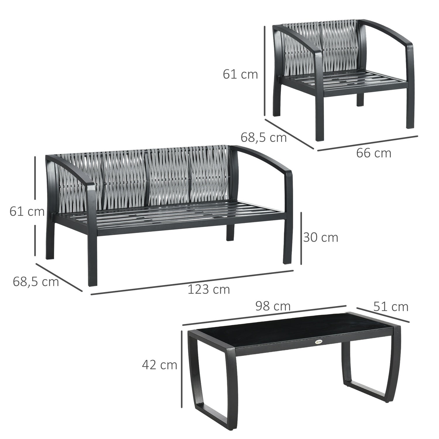 4-persoons grijs & zwart tuinmeubelset met bank, fauteuils, glazen tafel – weerbestendig