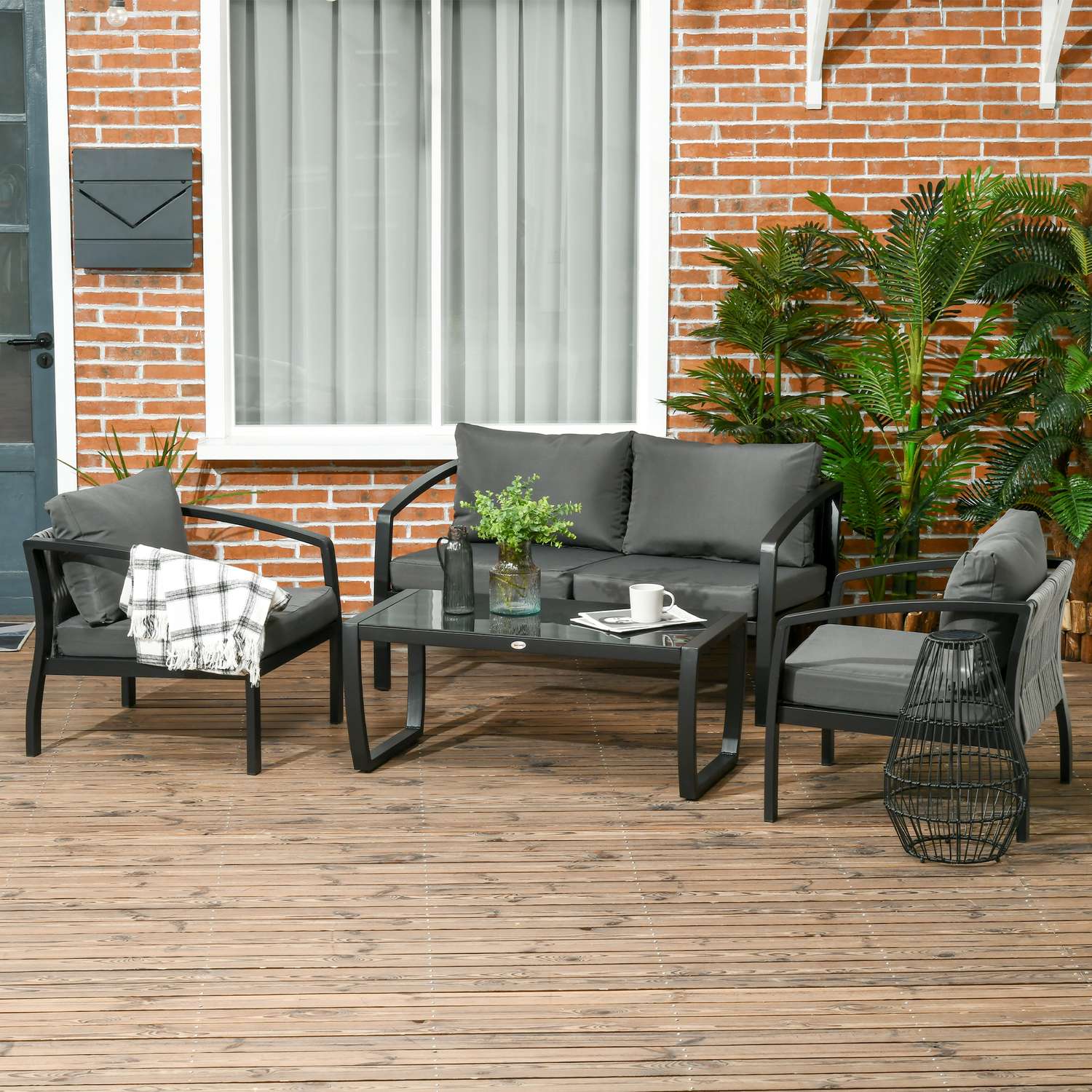 4-persoons grijs & zwart tuinmeubelset met bank, fauteuils, glazen tafel – weerbestendig