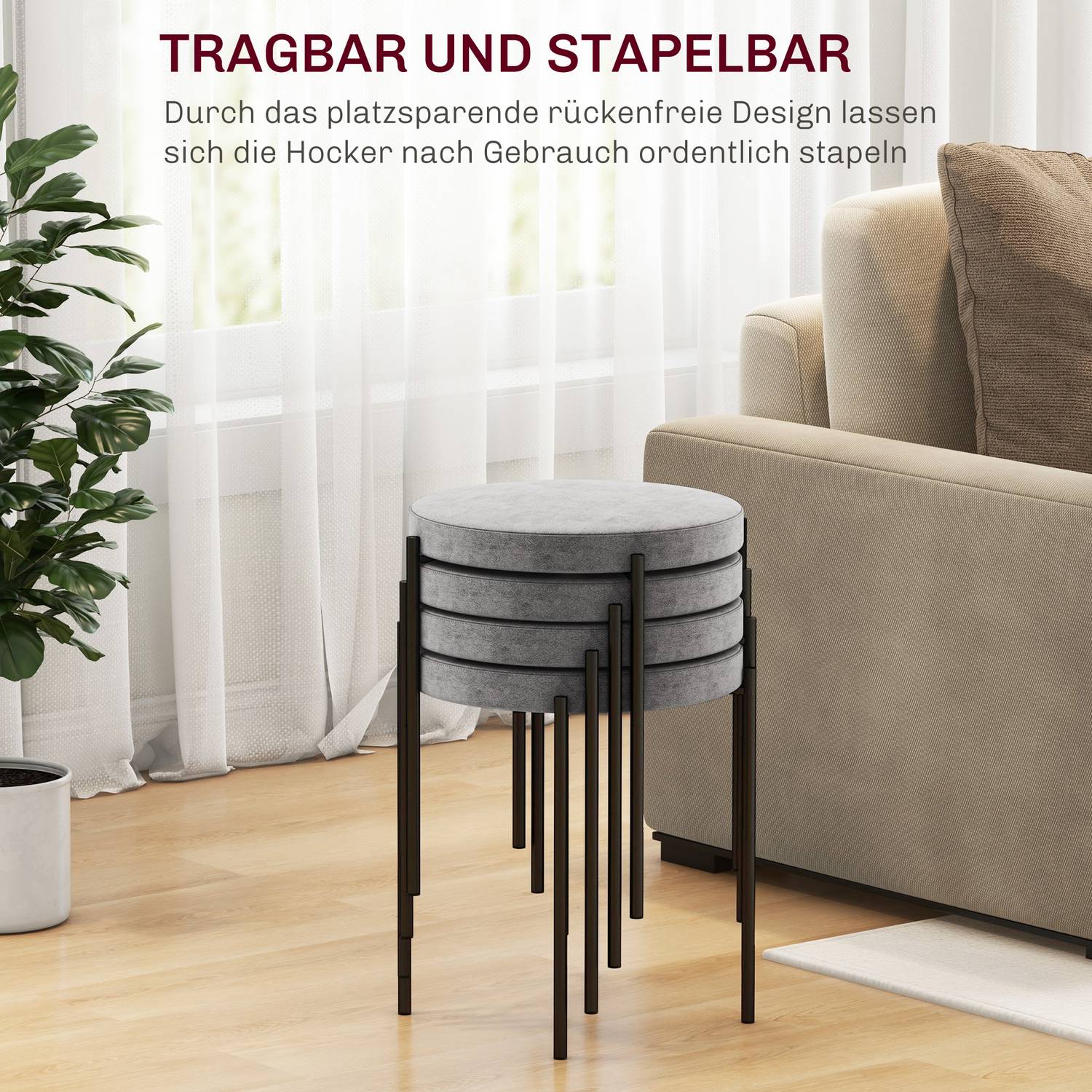 4 chaises de salle à manger empilables aspect velours avec assise matelassée