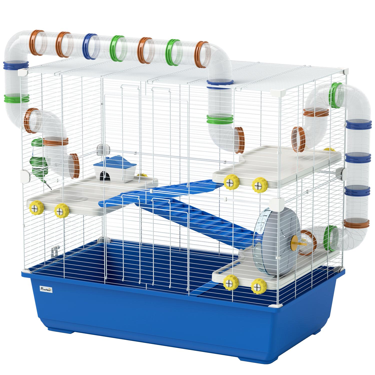 4-laags hamsterkooi met wielen en accessoires, blauw