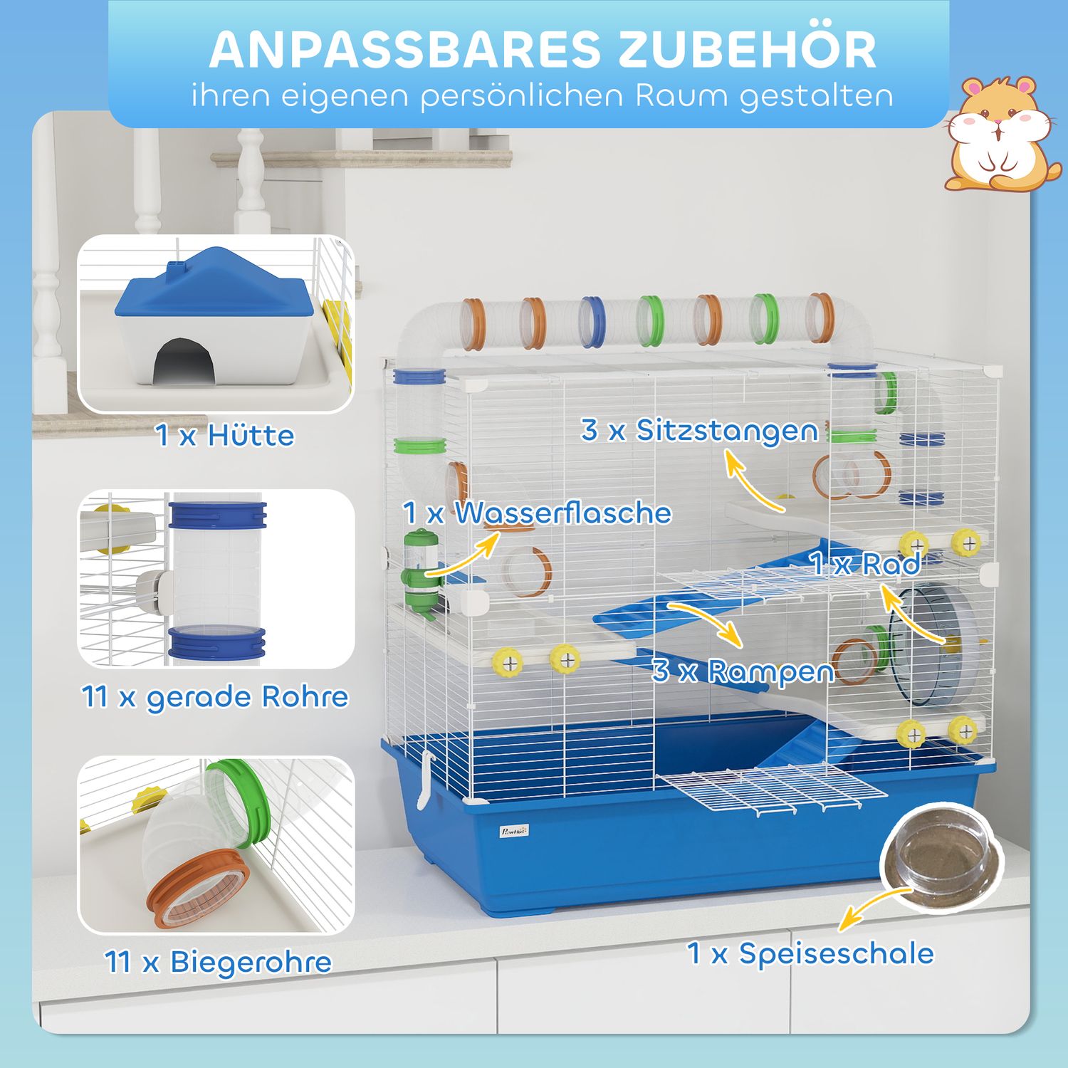 4-laags hamsterkooi met wielen en accessoires, blauw