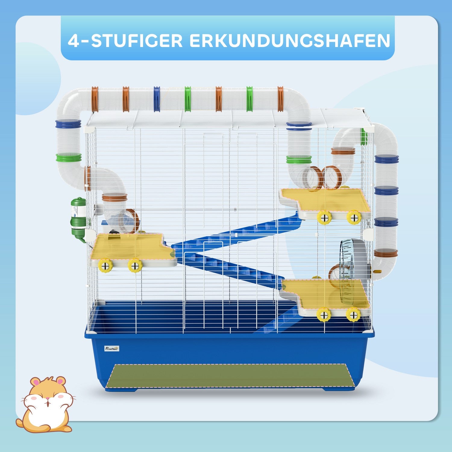 4-laags hamsterkooi met wielen en accessoires, blauw