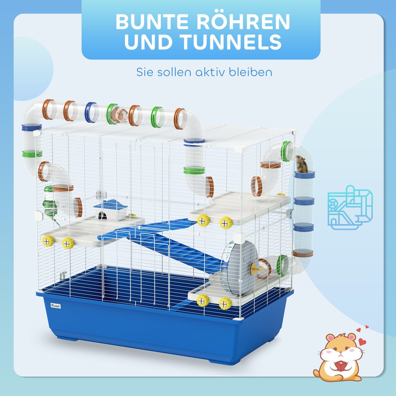 4-laags hamsterkooi met wielen en accessoires, blauw