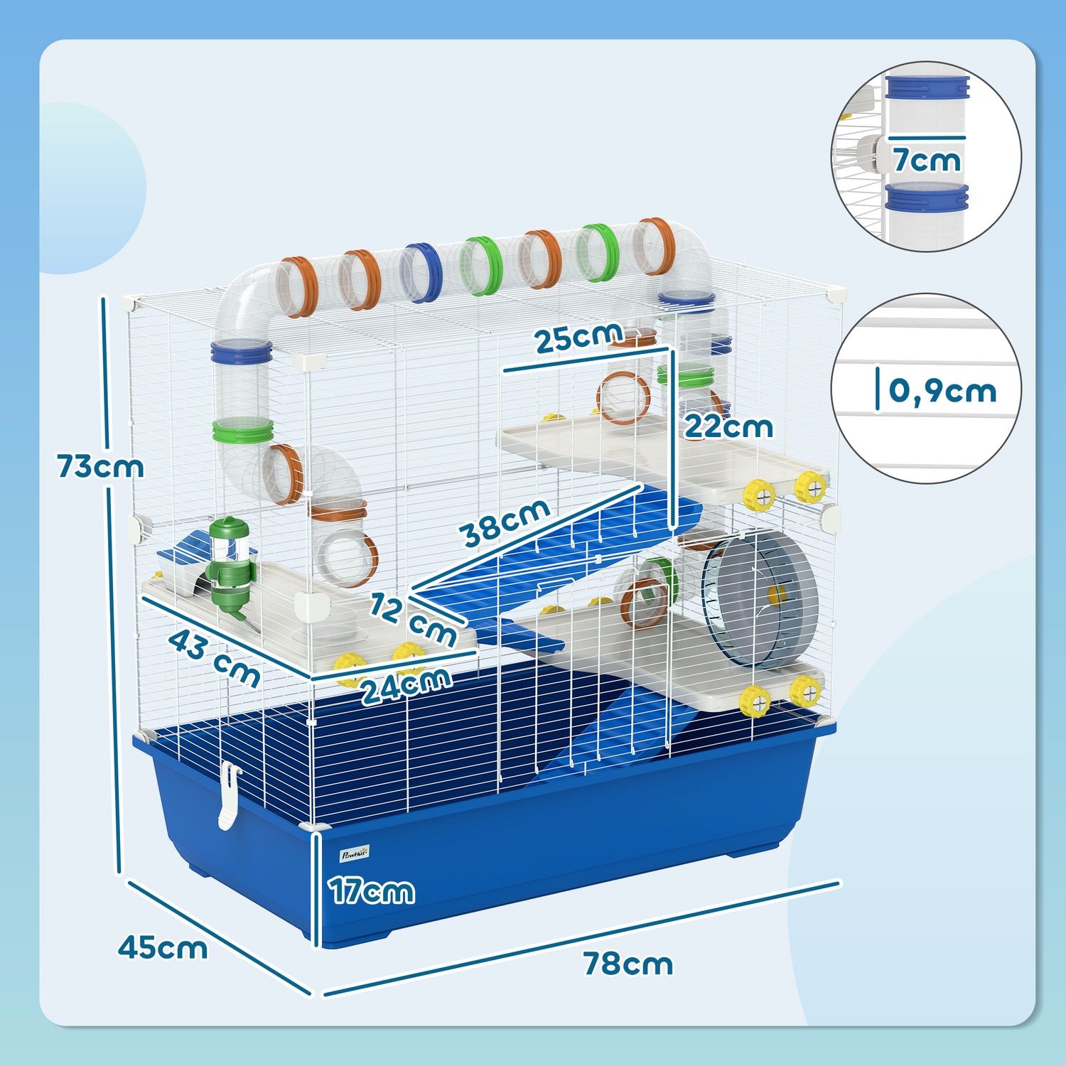 4-laags hamsterkooi met wielen en accessoires, blauw