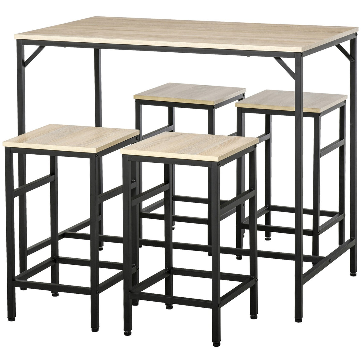 5-delige bartafelset, stalen frame, eikenhouten afwerking