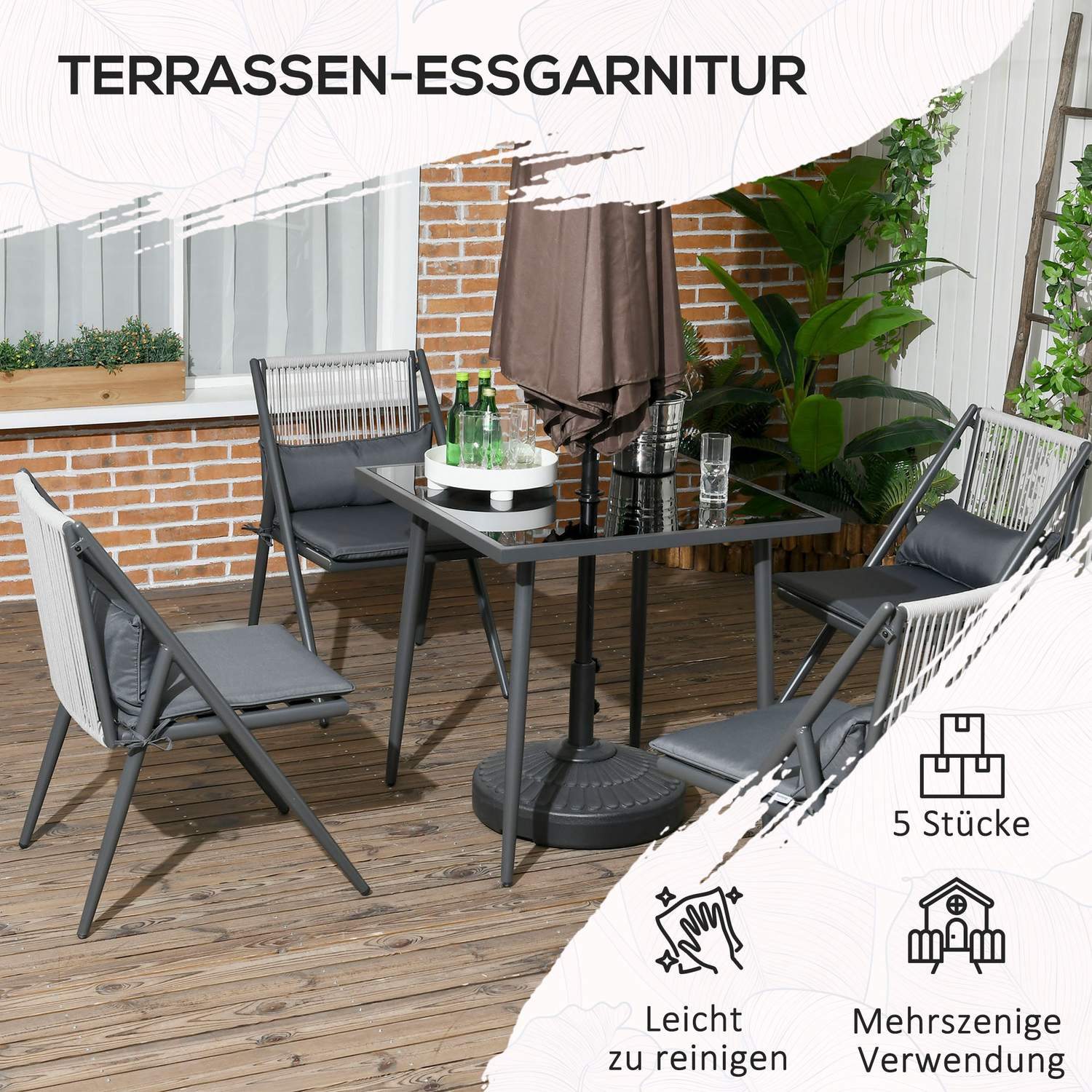 5-delige donkergrijze terras set, tafel en stoelen, parasolgat