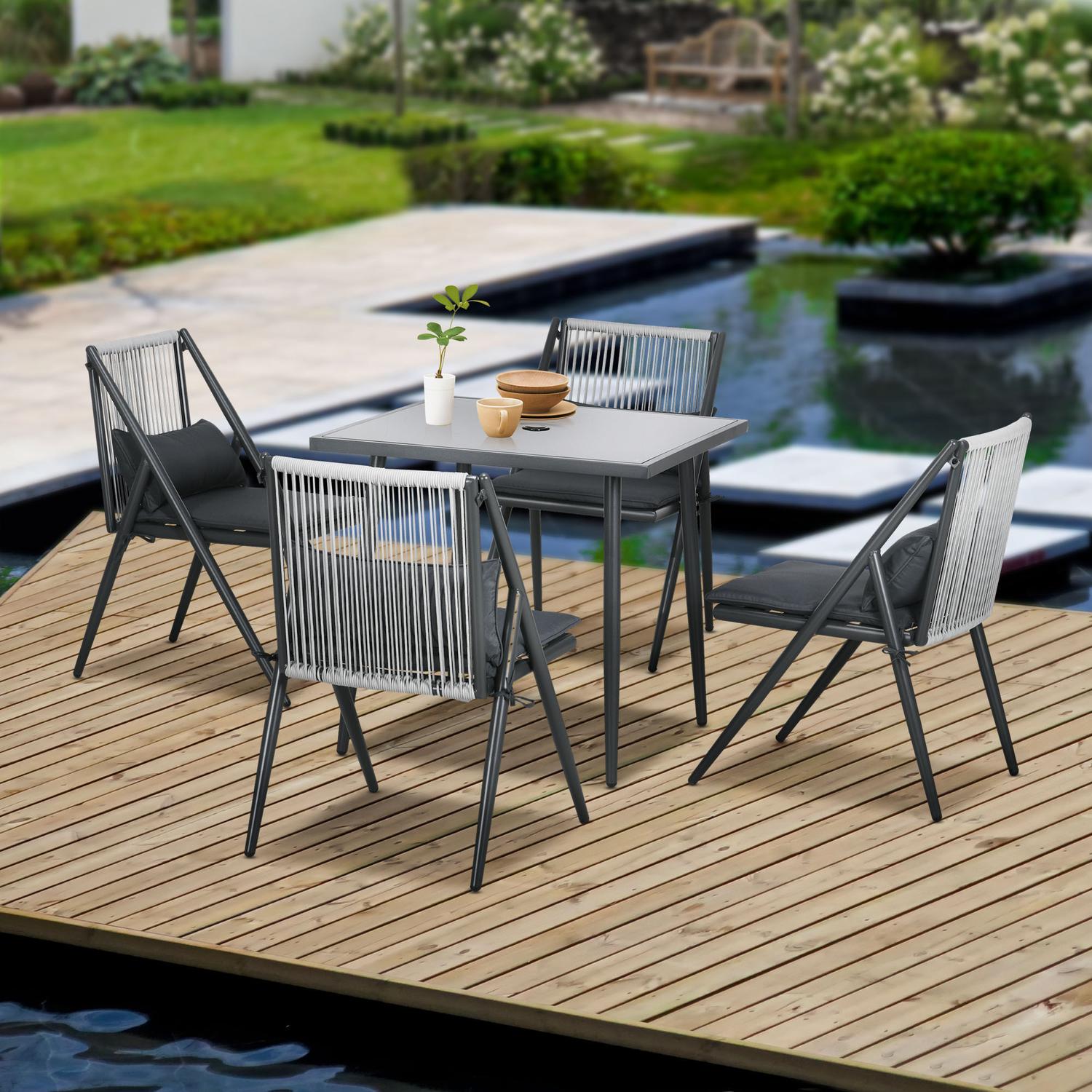 5-delige donkergrijze terras set, tafel en stoelen, parasolgat