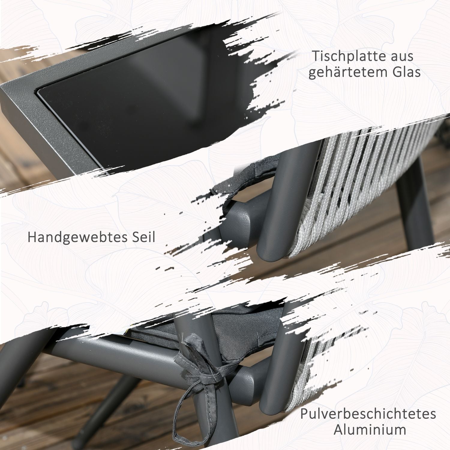 5-delige donkergrijze terras set, tafel en stoelen, parasolgat