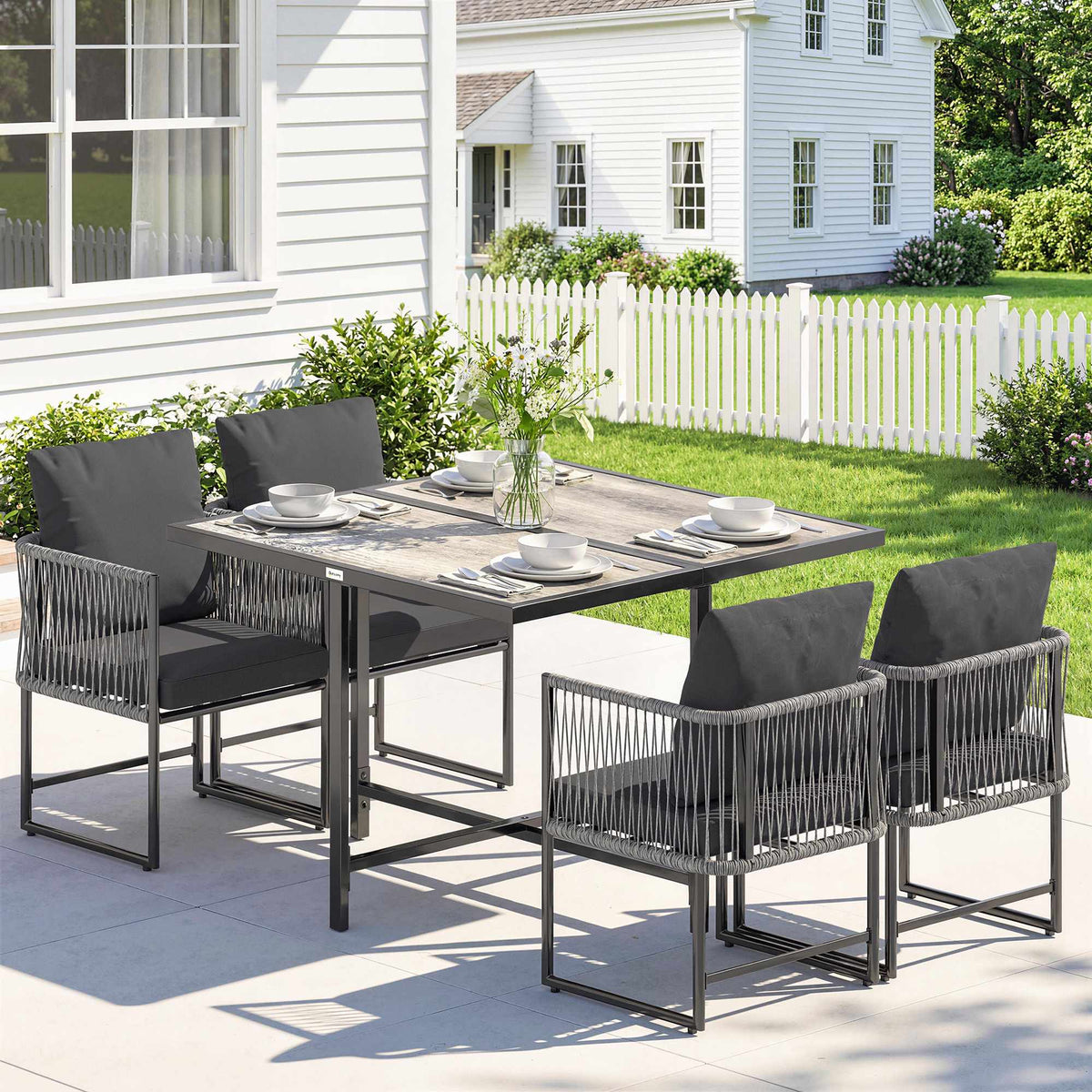 5-delige loungeset met kussens, zwart en grijs