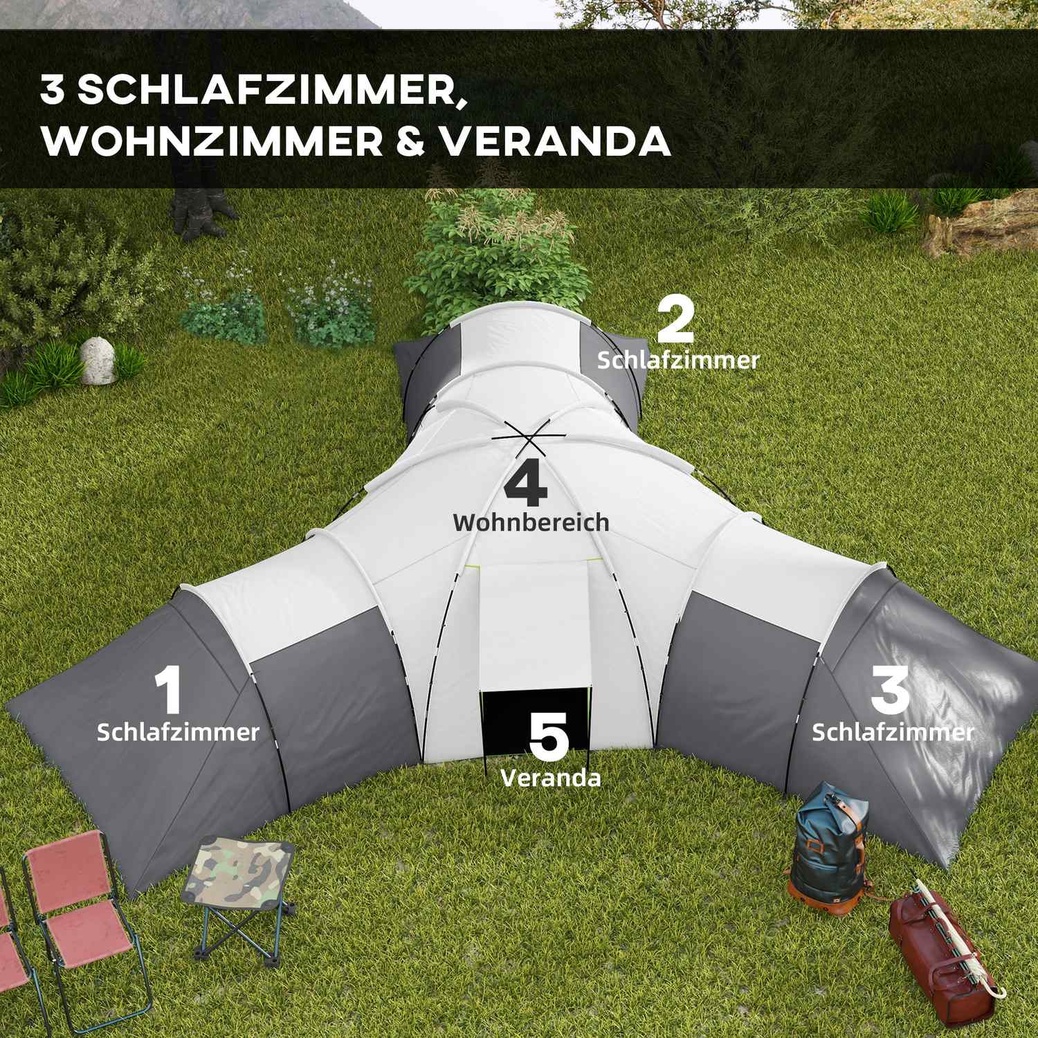 6-9-persoons tunneltent, 3 slaapkamers, grijs